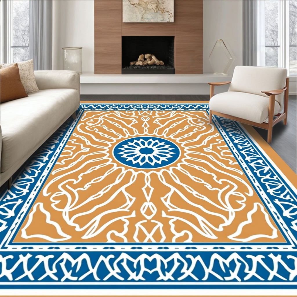 Orange White Blue Medallion Border Rug
