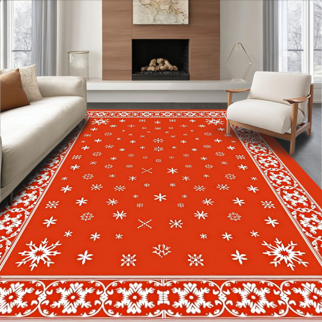 Crimson Snowflakes Ornamental Border Rug