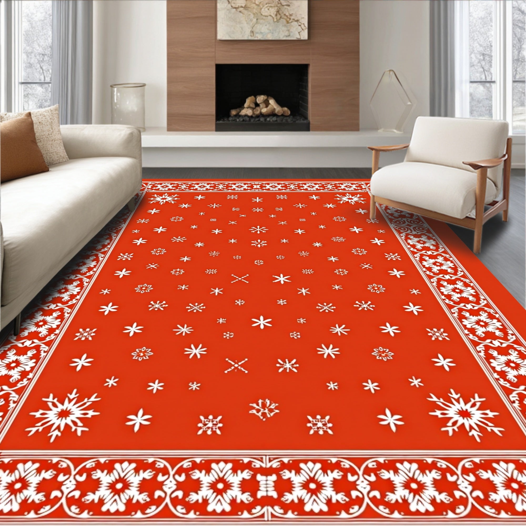 Crimson Snowflakes Ornamental Border Rug