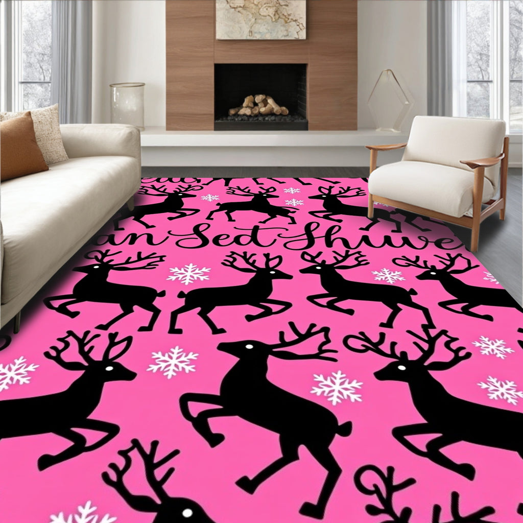 Pink Reindeer Snowflake Scene Rug
