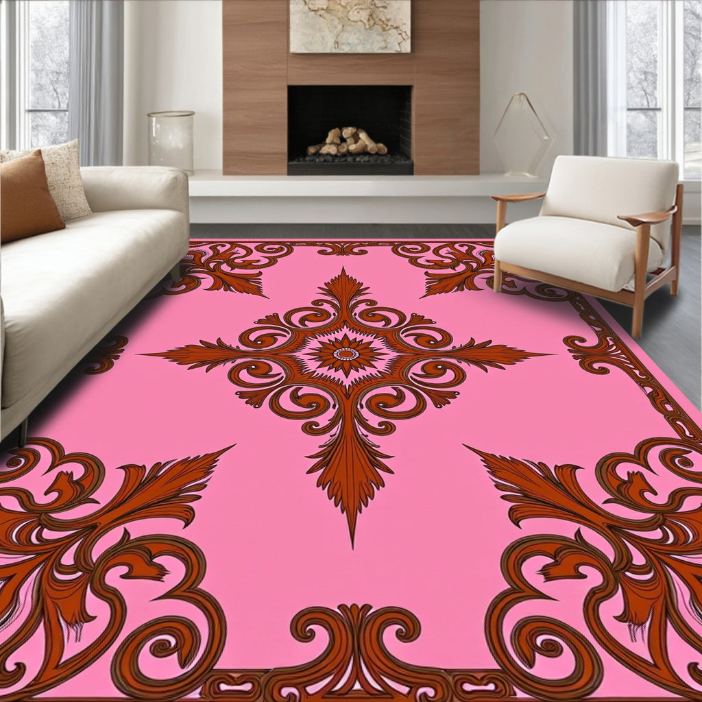 Pink Brown Floral Medallion Square Rug