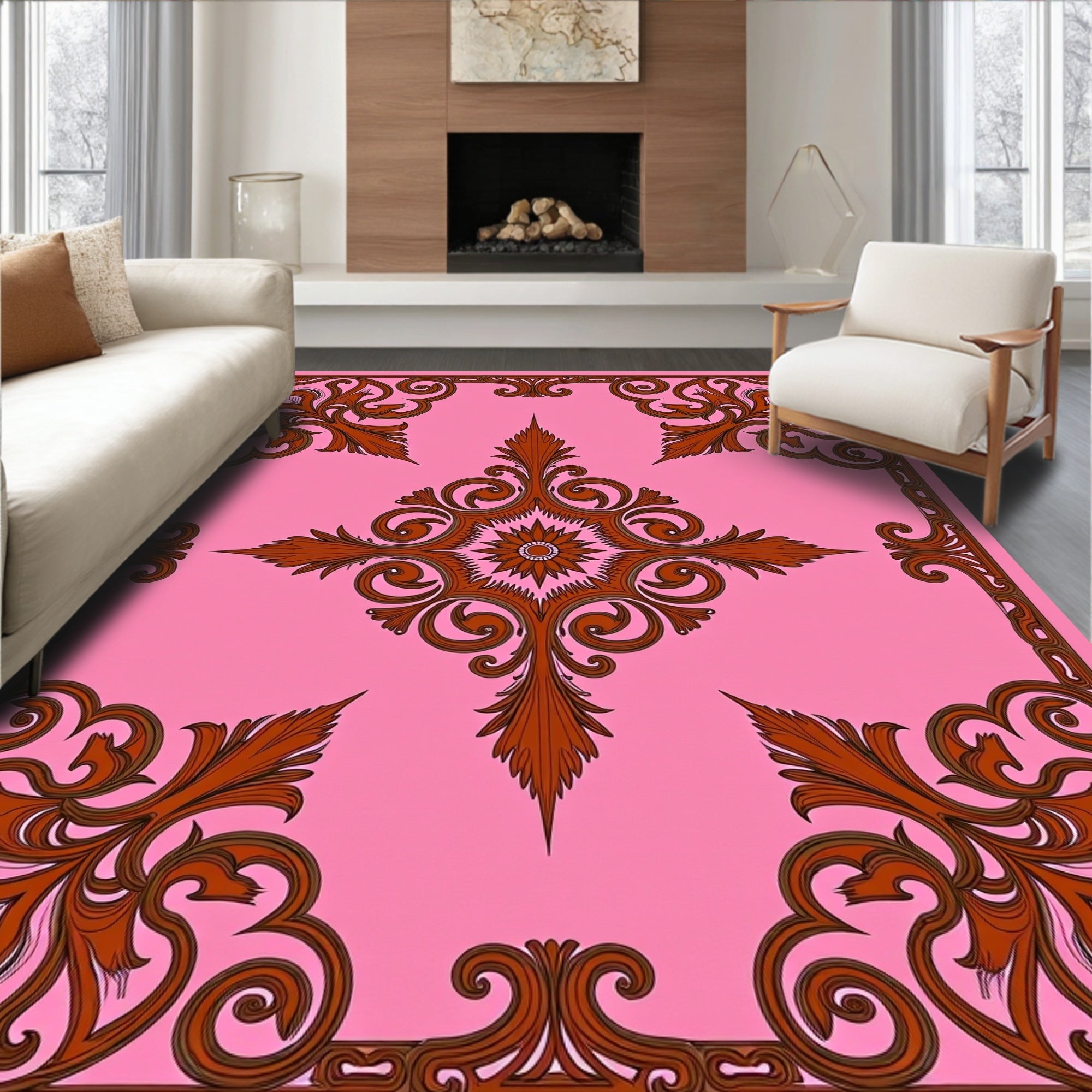 Pink Brown Floral Medallion Square Rug