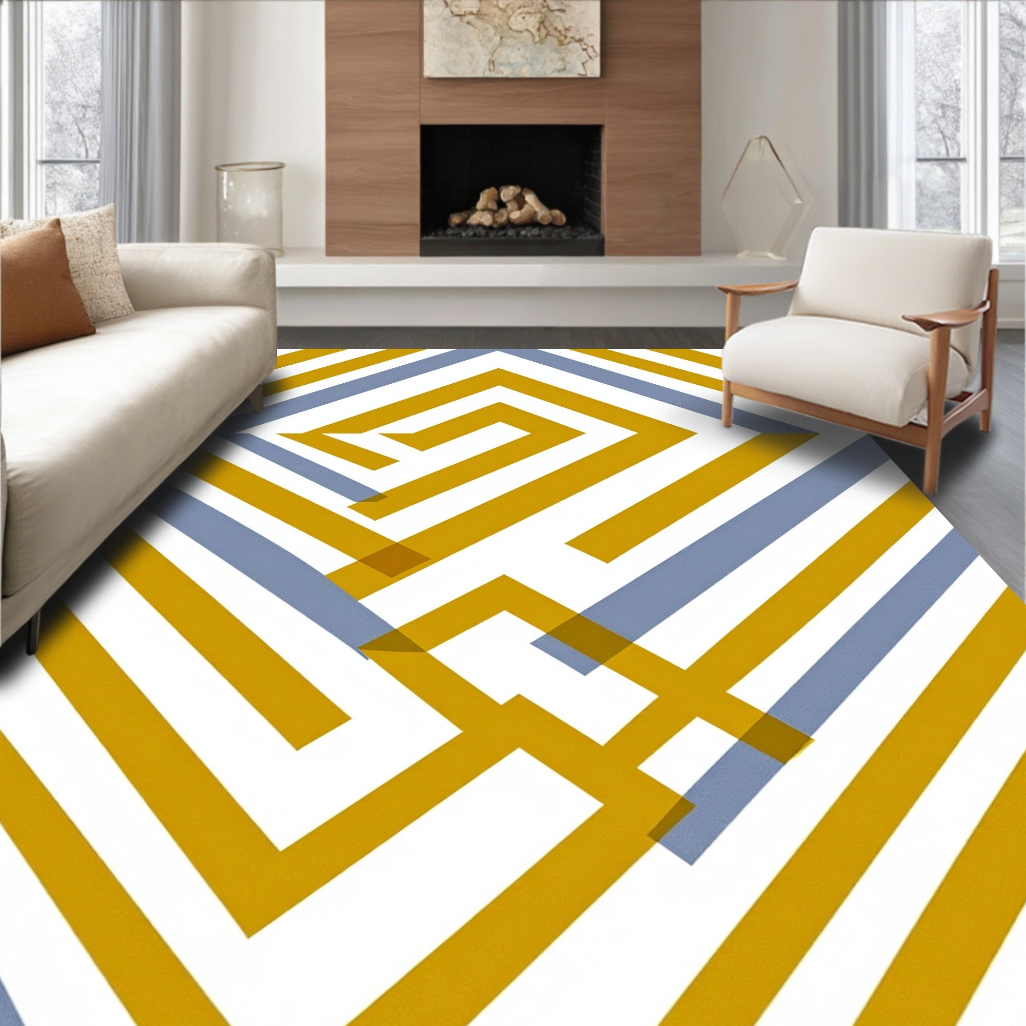 Gold And Blue Geometric Maze Rug