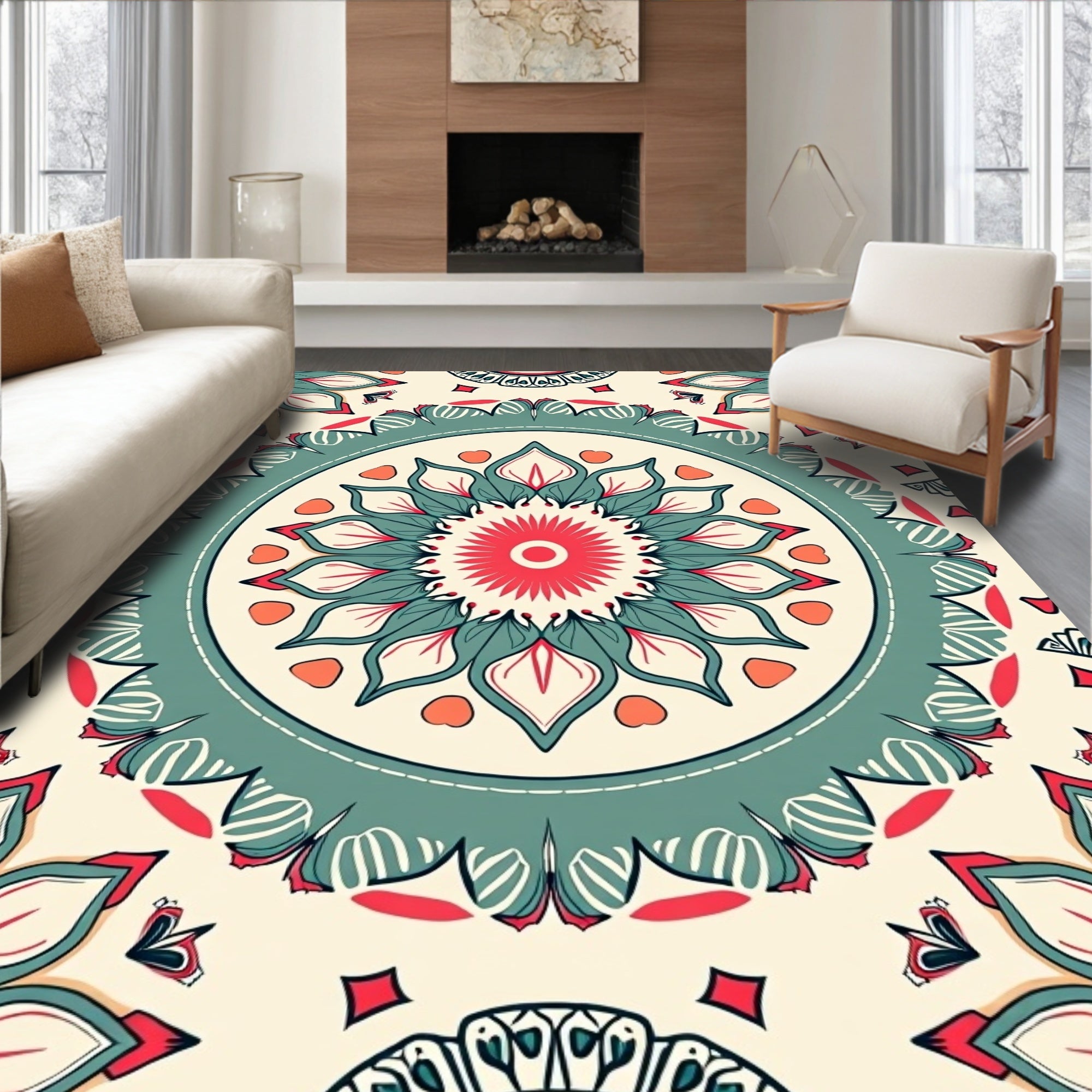 Coral Teal Floral Medallion Rug