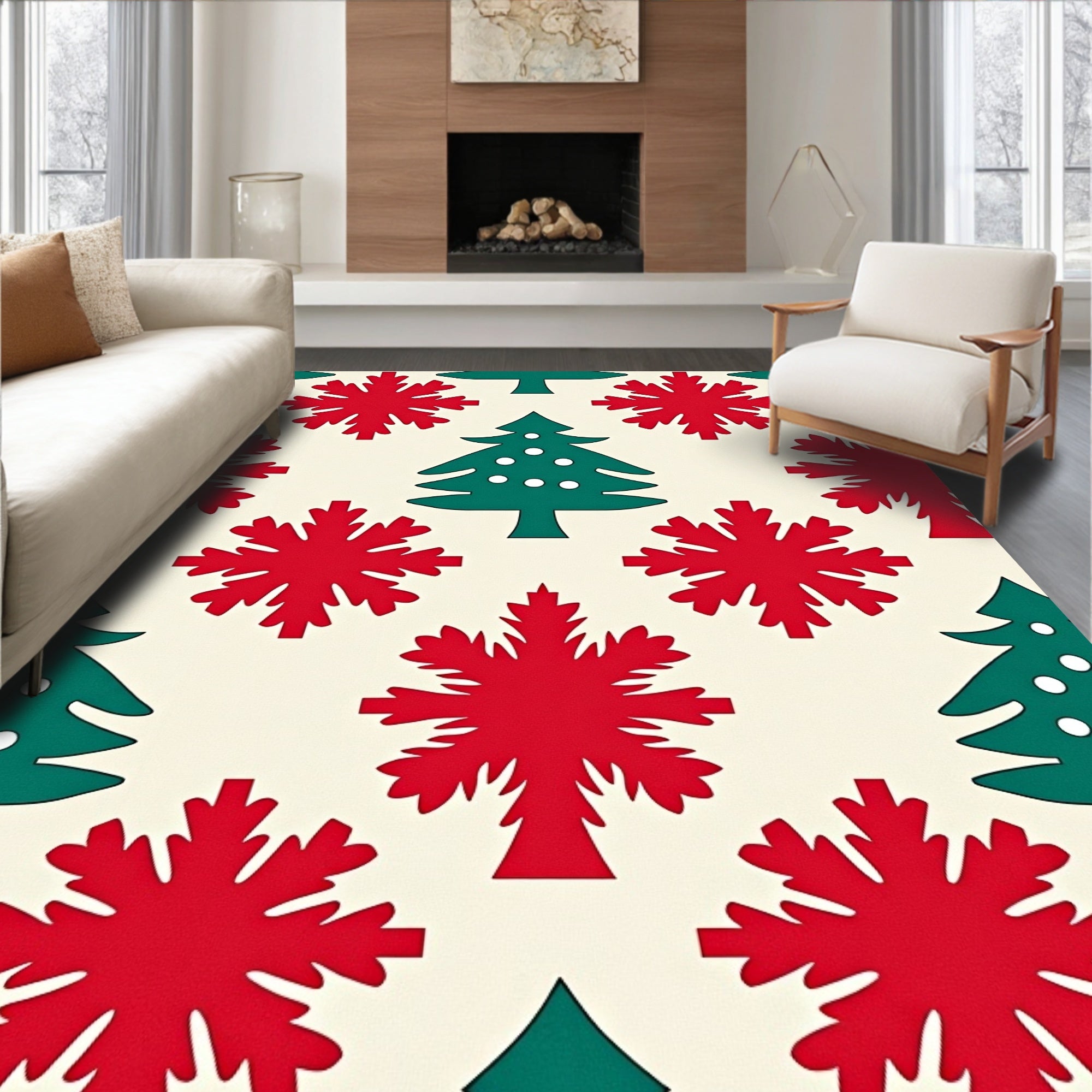 Festive Red Snowflake Christmas Tree Rug