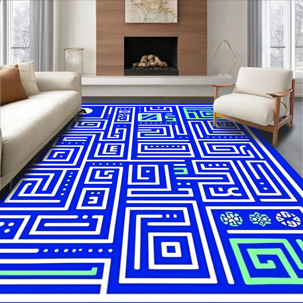 Bold Blue White Geometric Maze Rug