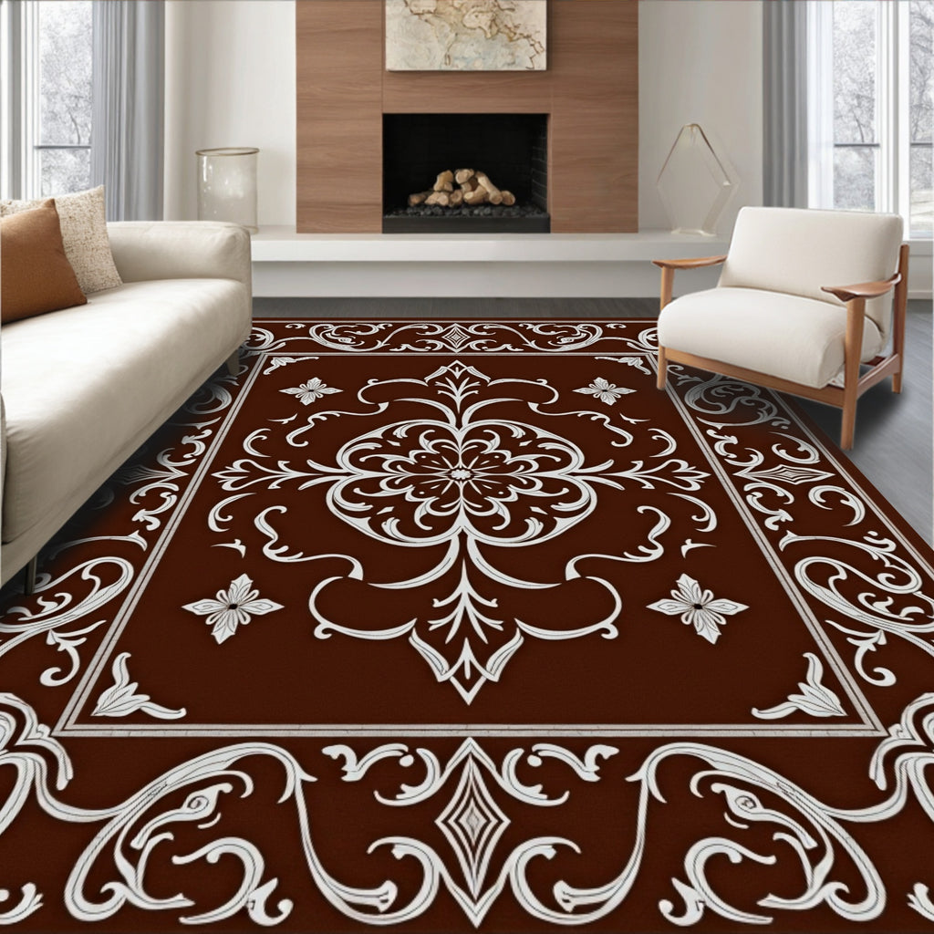 Rich Brown White Floral Medallion Rug