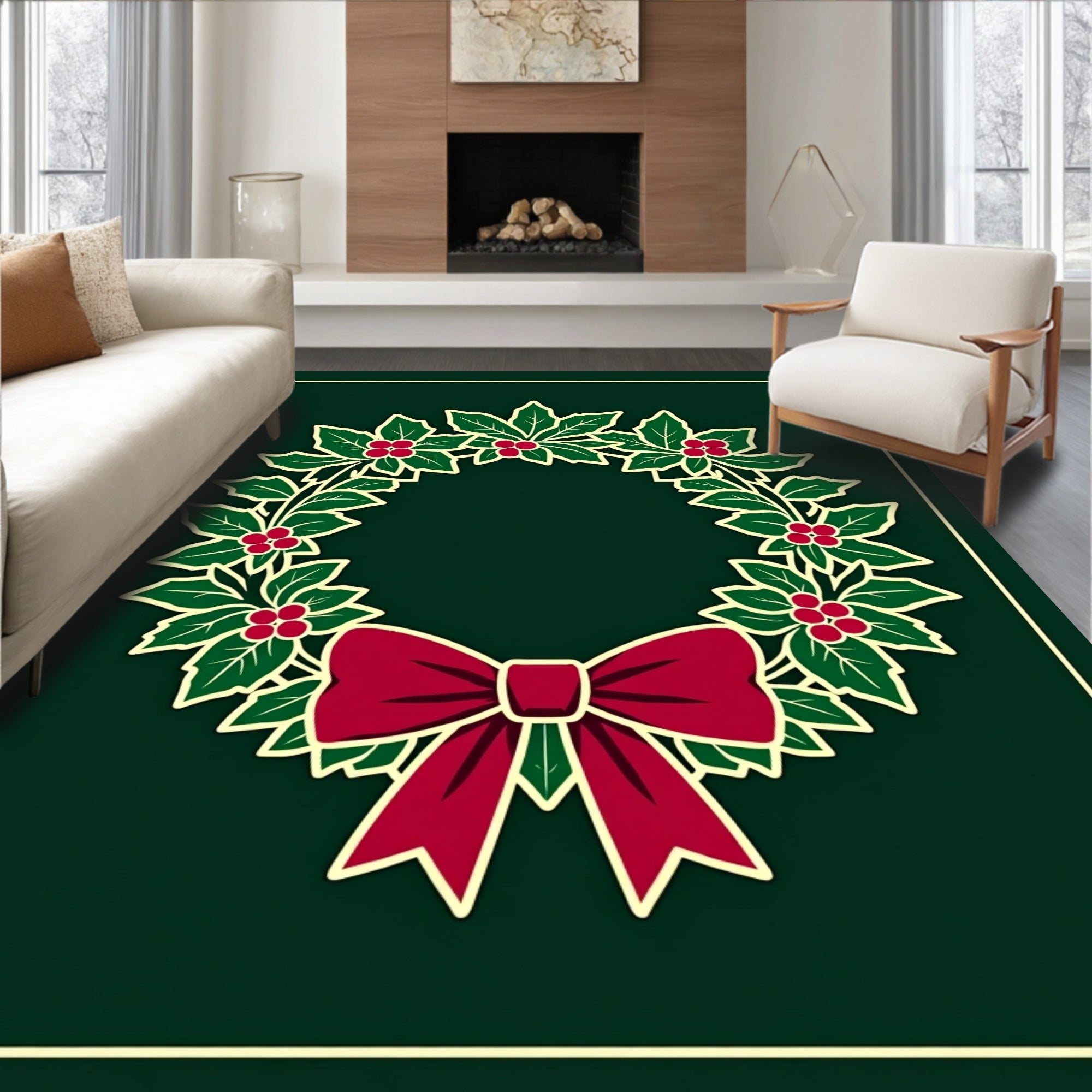 Festive Red Holly Berry Wreath Rug