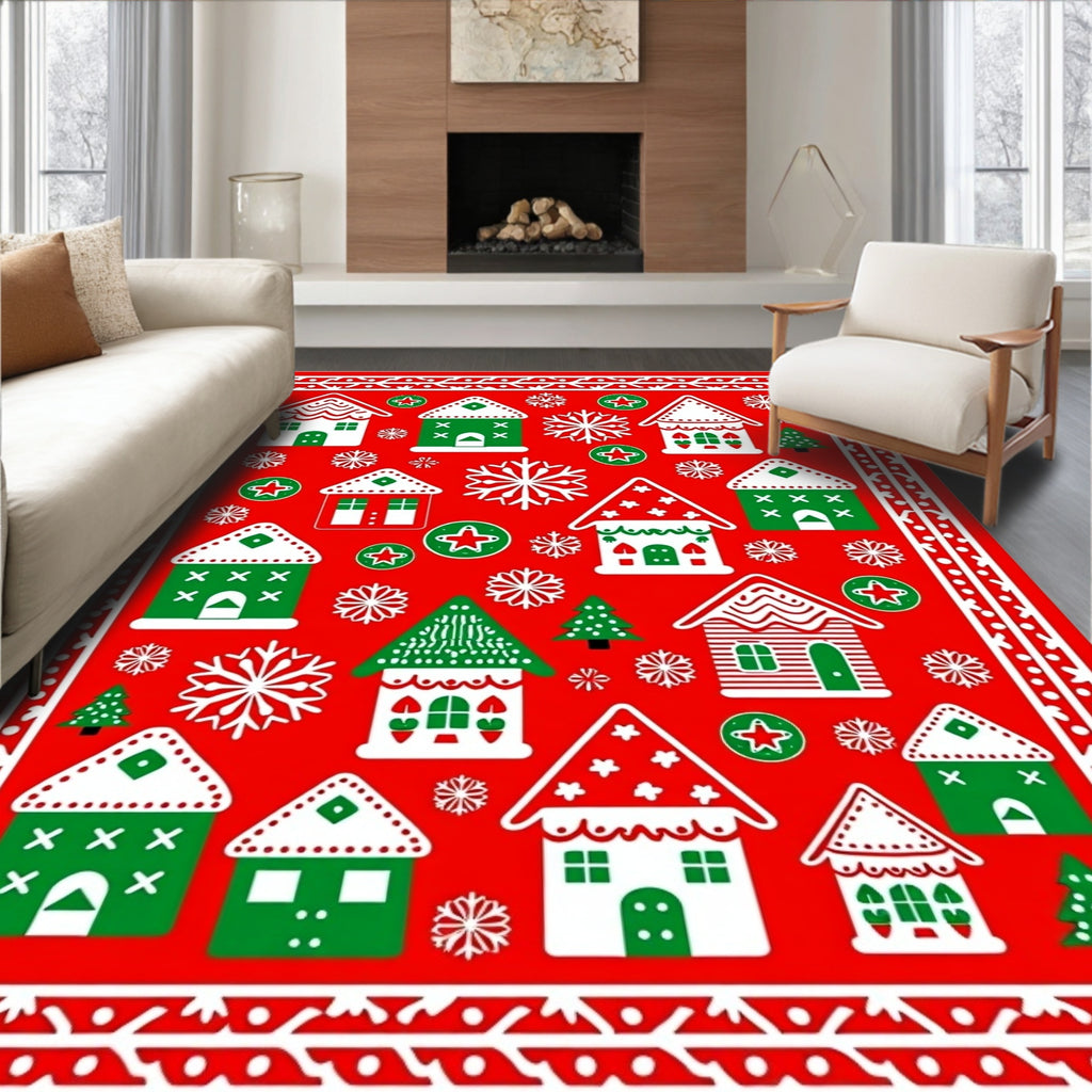 Red Green White Village Snowflakes Border Rug