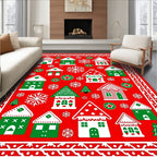 Red Green White Village Snowflakes Border Rug