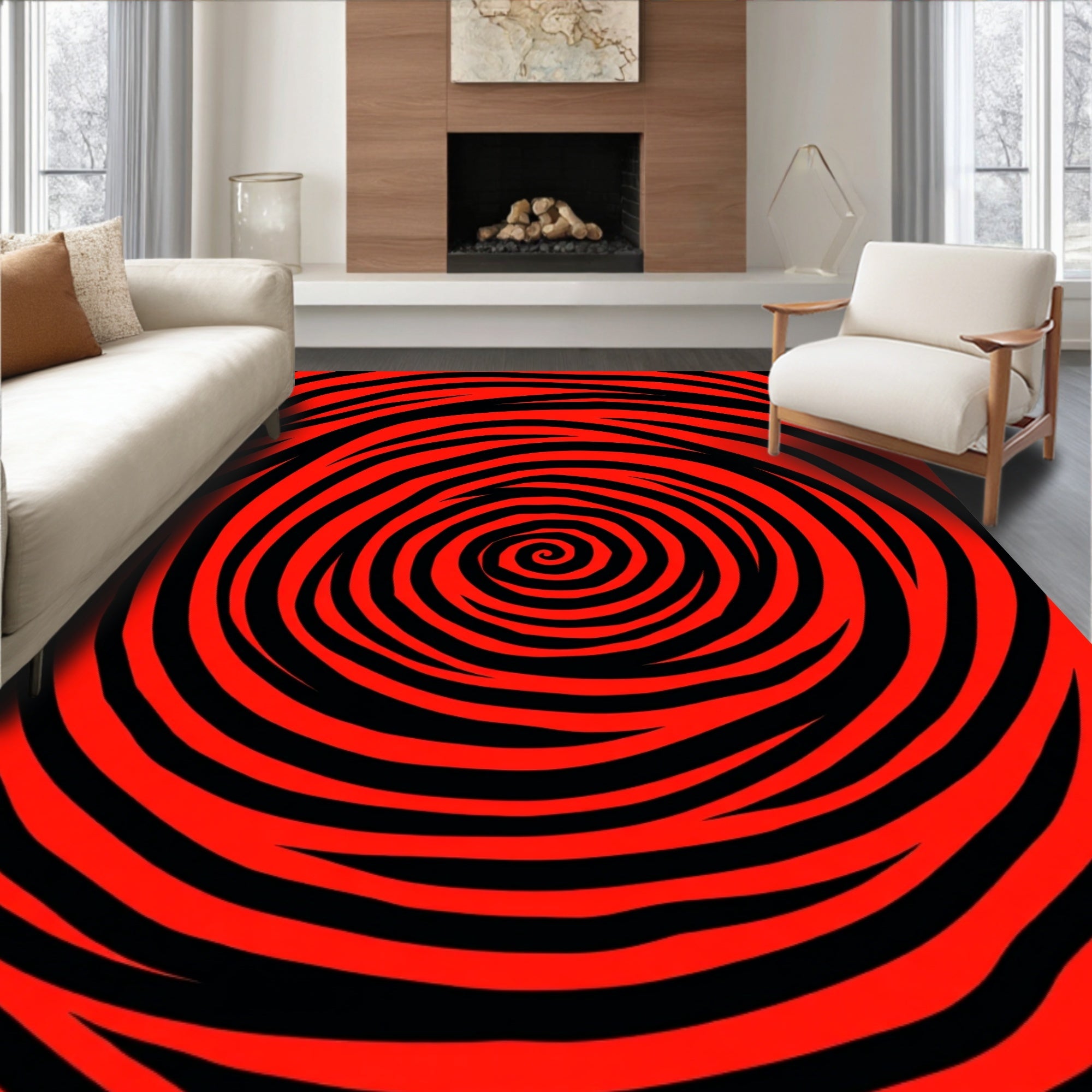 Bold Red Black Swirl Rug