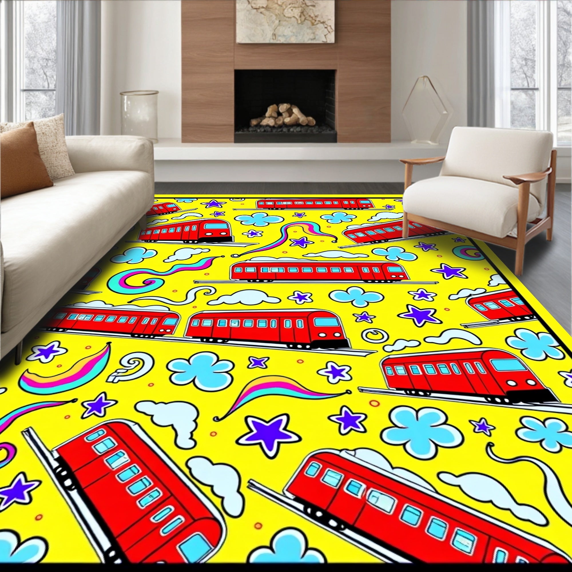 Whimsical Red Train Clouds Stars Rug