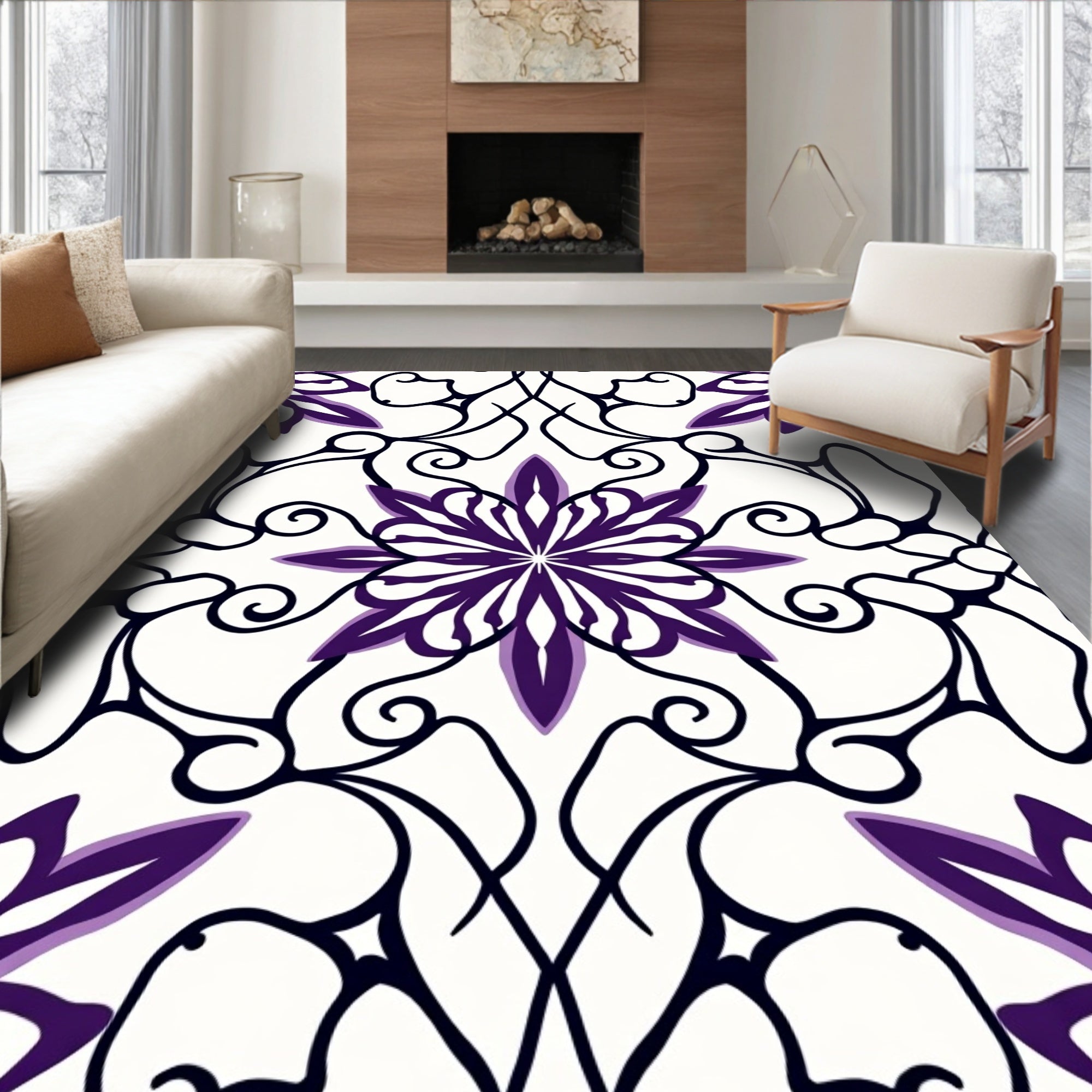 Deep Purple Floral Scrollwork Medallion Rug