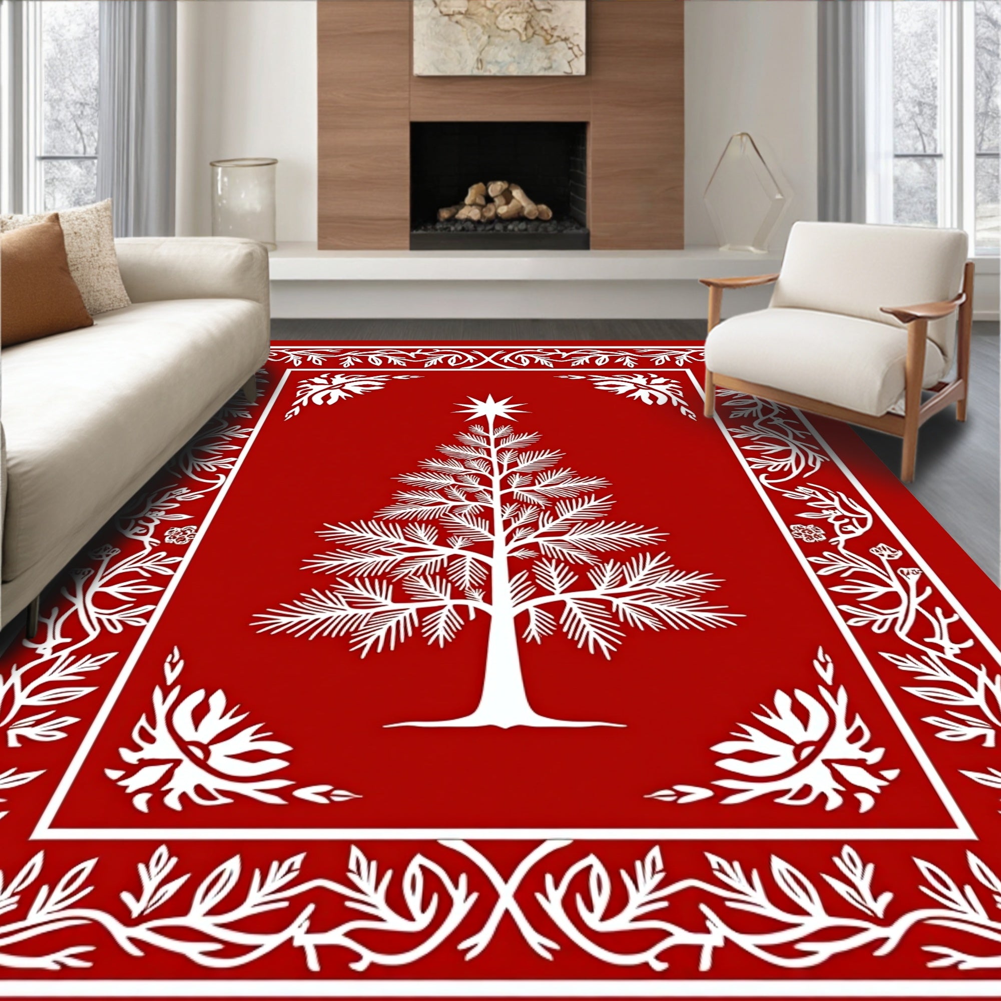 Bold Red Christmas Tree Border Rug