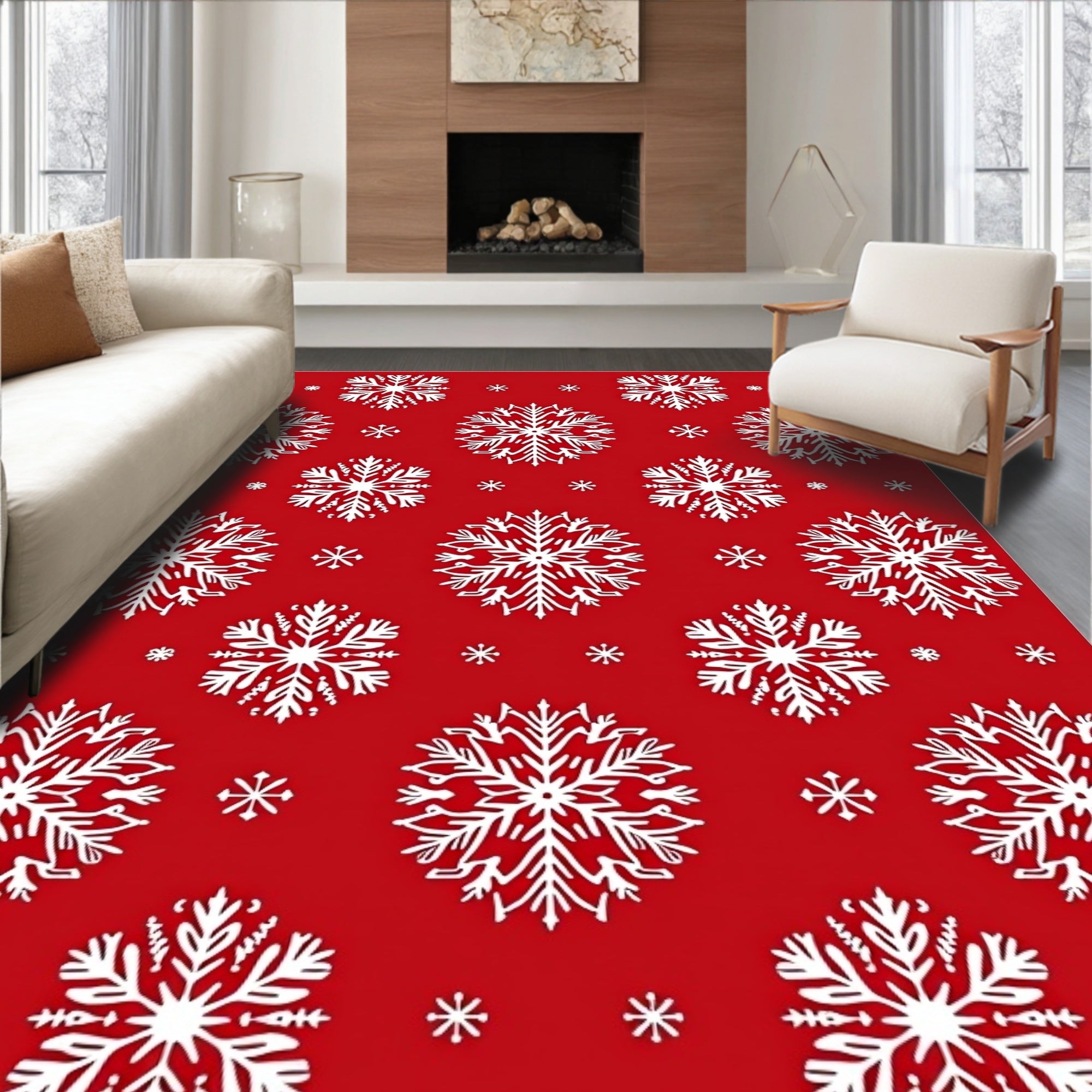 Crimson Snowflake Cluster Pattern Rug