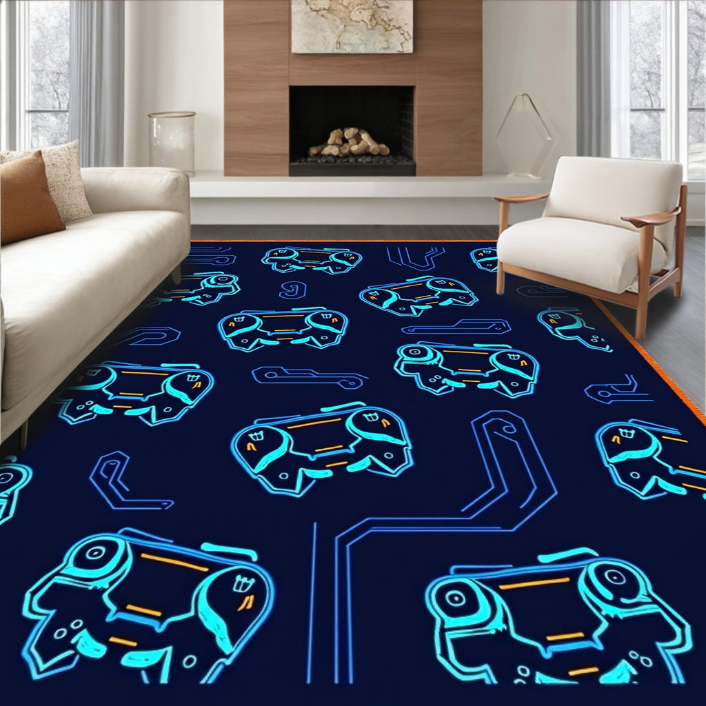 Neon Blue Cybernetic Chip Grid Rug
