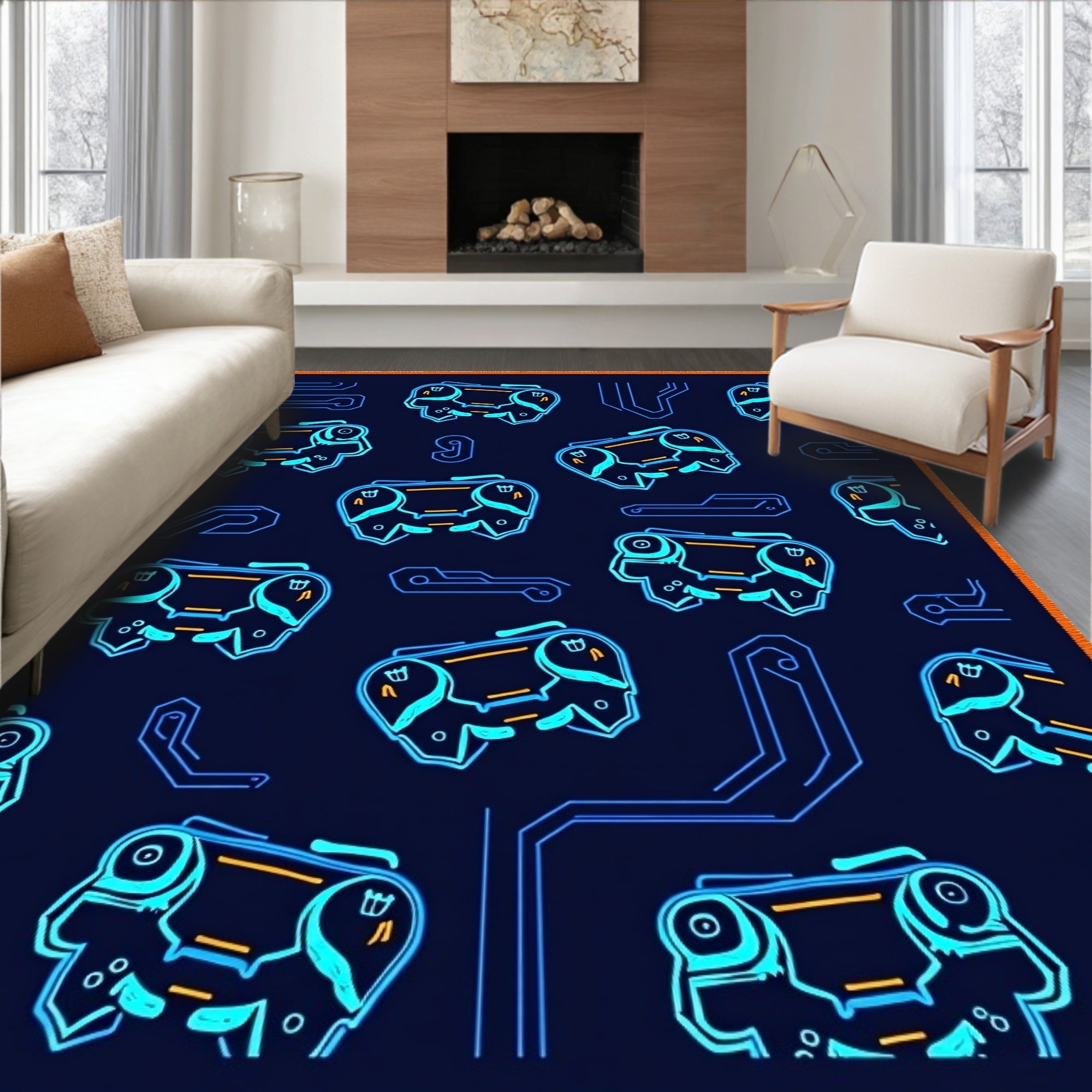 Neon Blue Cybernetic Chip Grid Rug