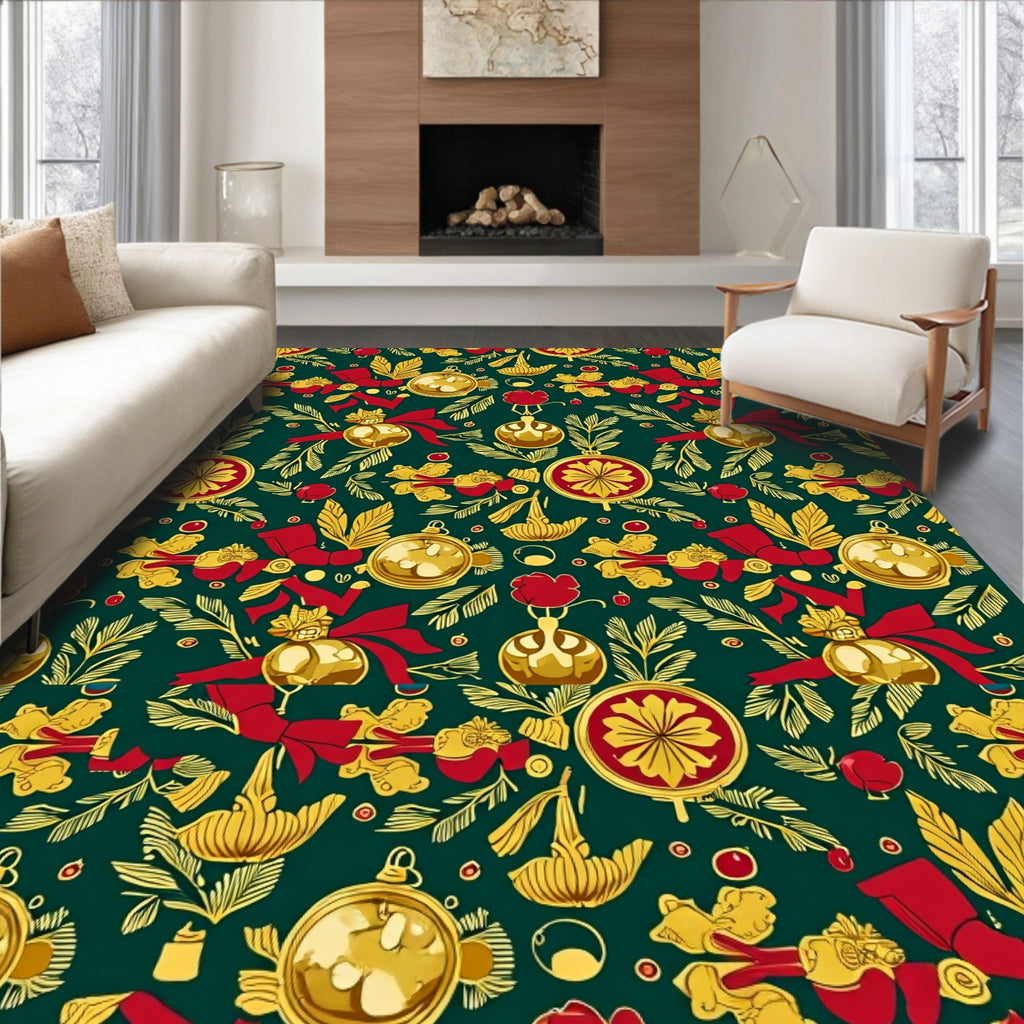 Festive Gold Baubles Red Bows Foliage Rug