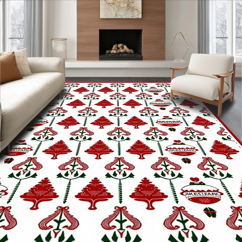 Festive Red Green Christmas Ornament Trees Rug