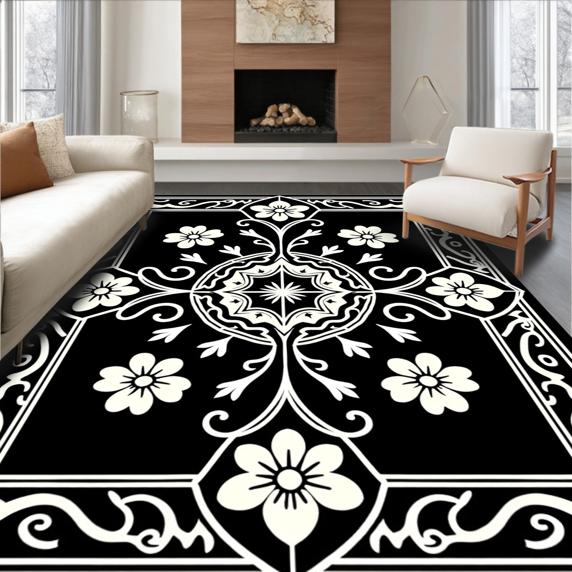 Classic Black Floral Symmetry Rug