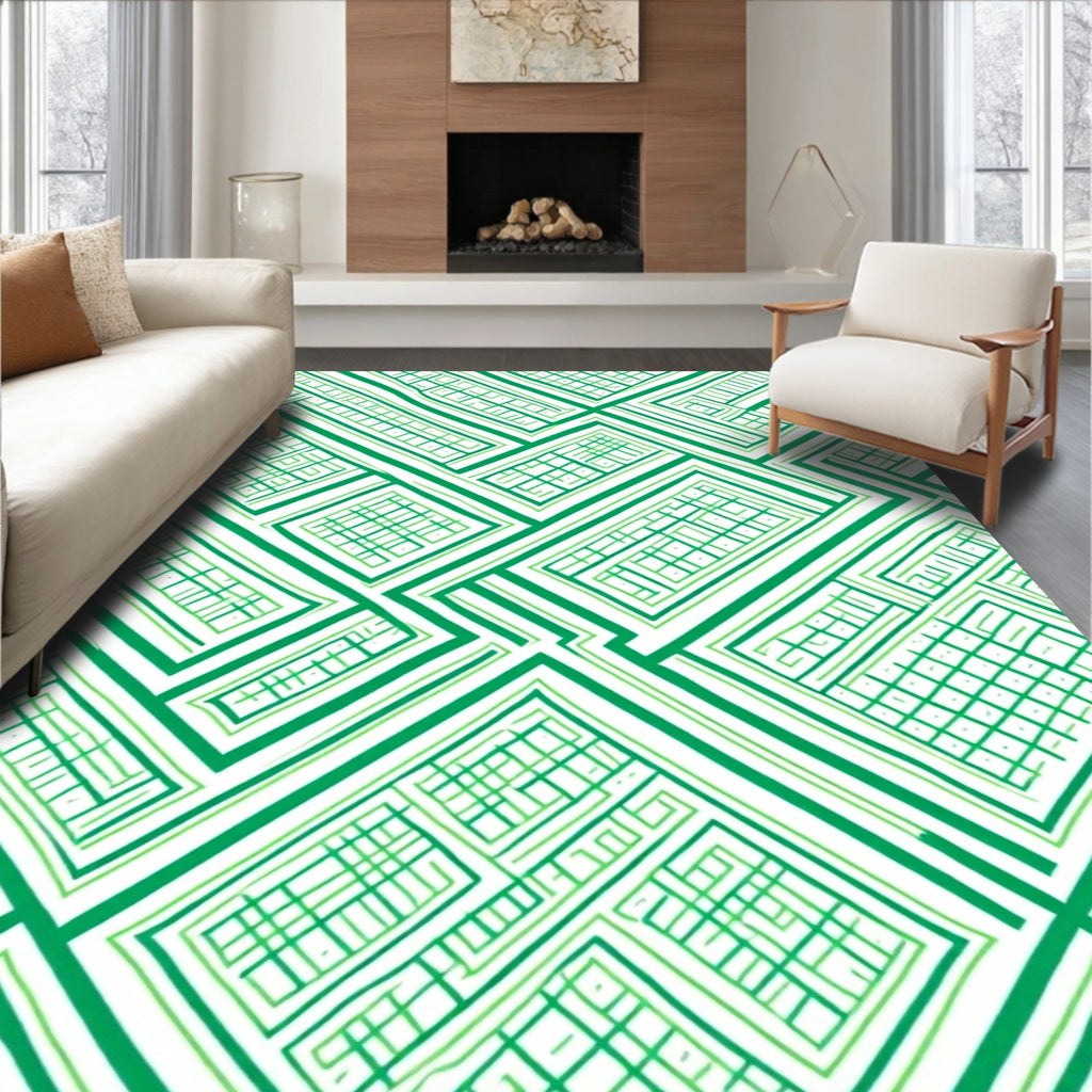 Emerald Green Rectangular Interlocking Lines Rug