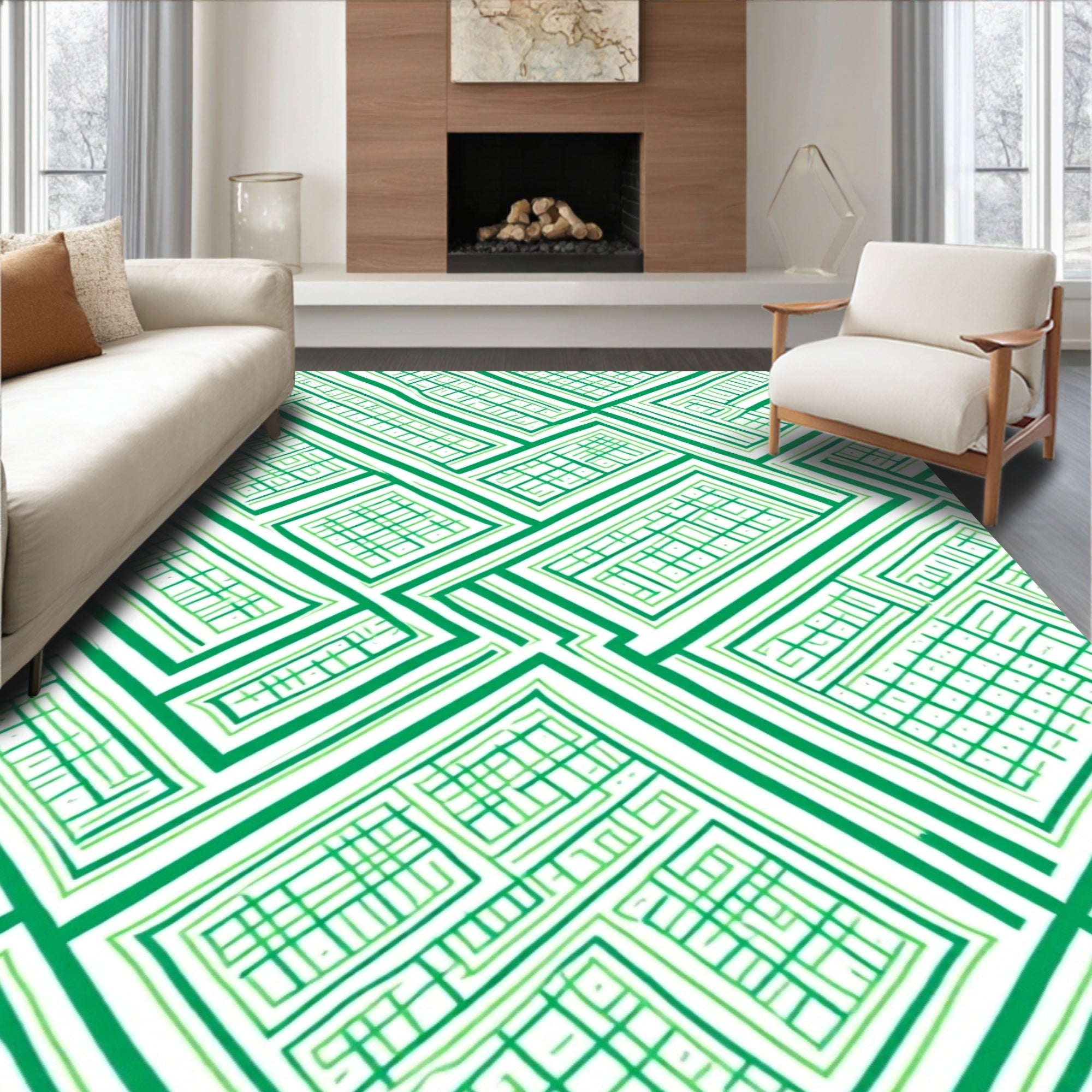 Emerald Green Rectangular Interlocking Lines Rug