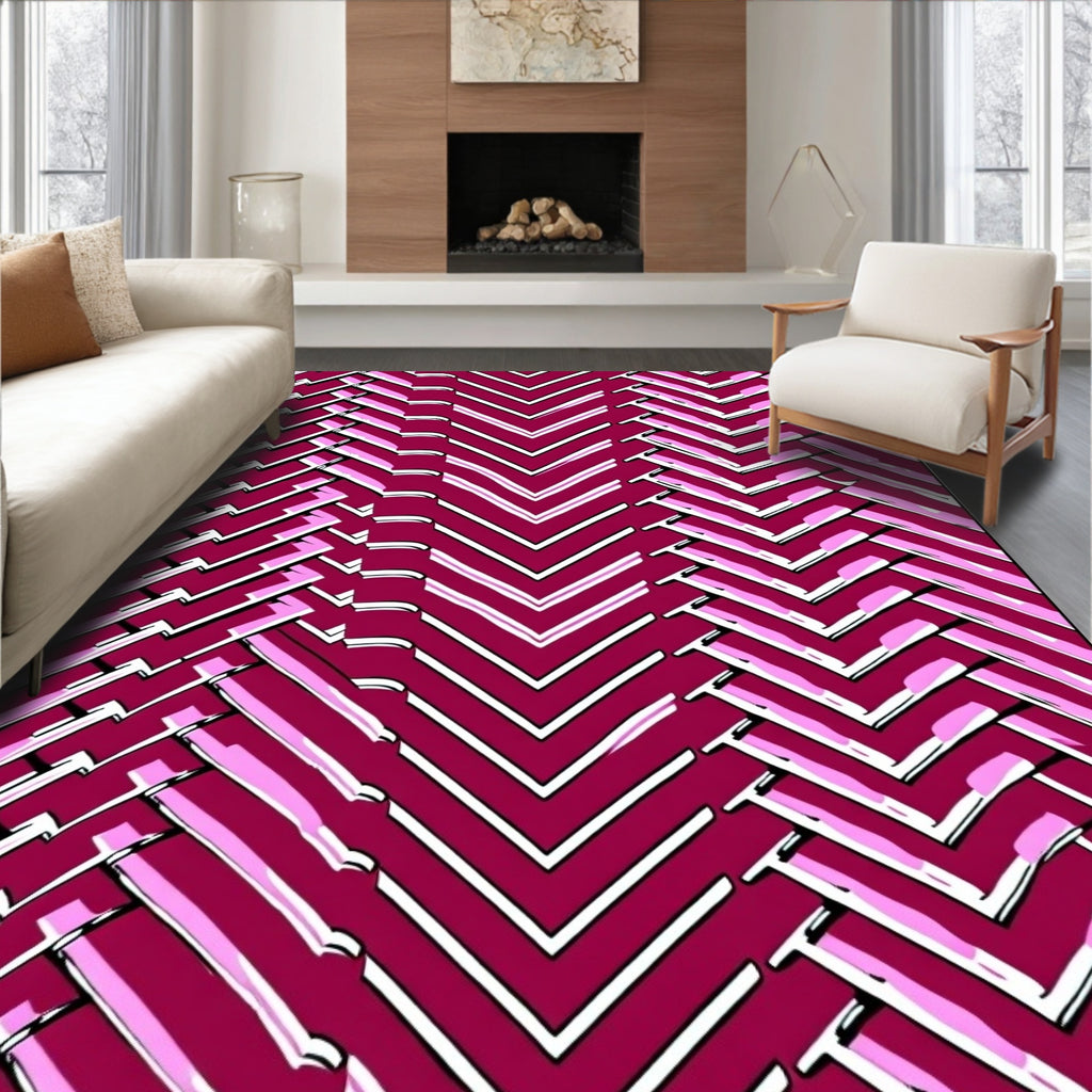 Crimson Pink Chevron Herringbone Overlay Rug