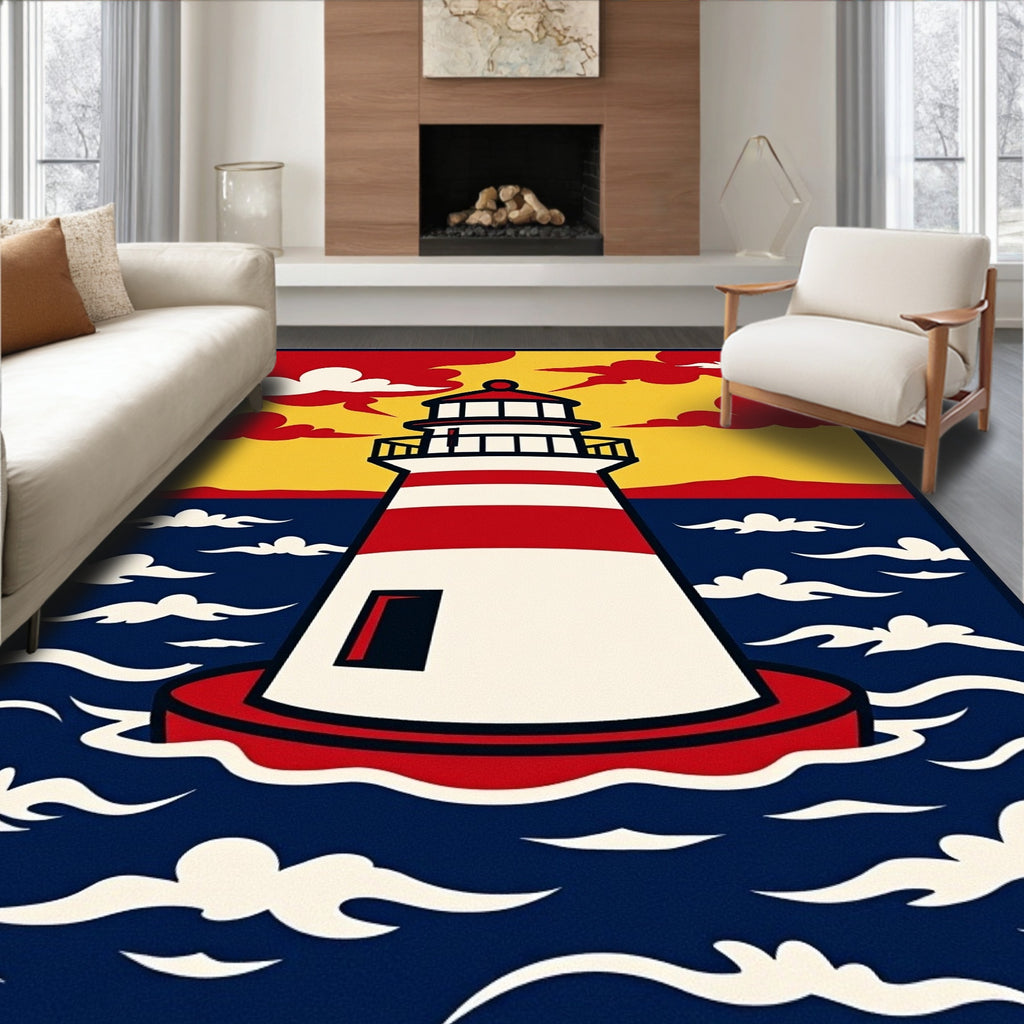 Striped Red White Lighthouse Ocean Sky Rug