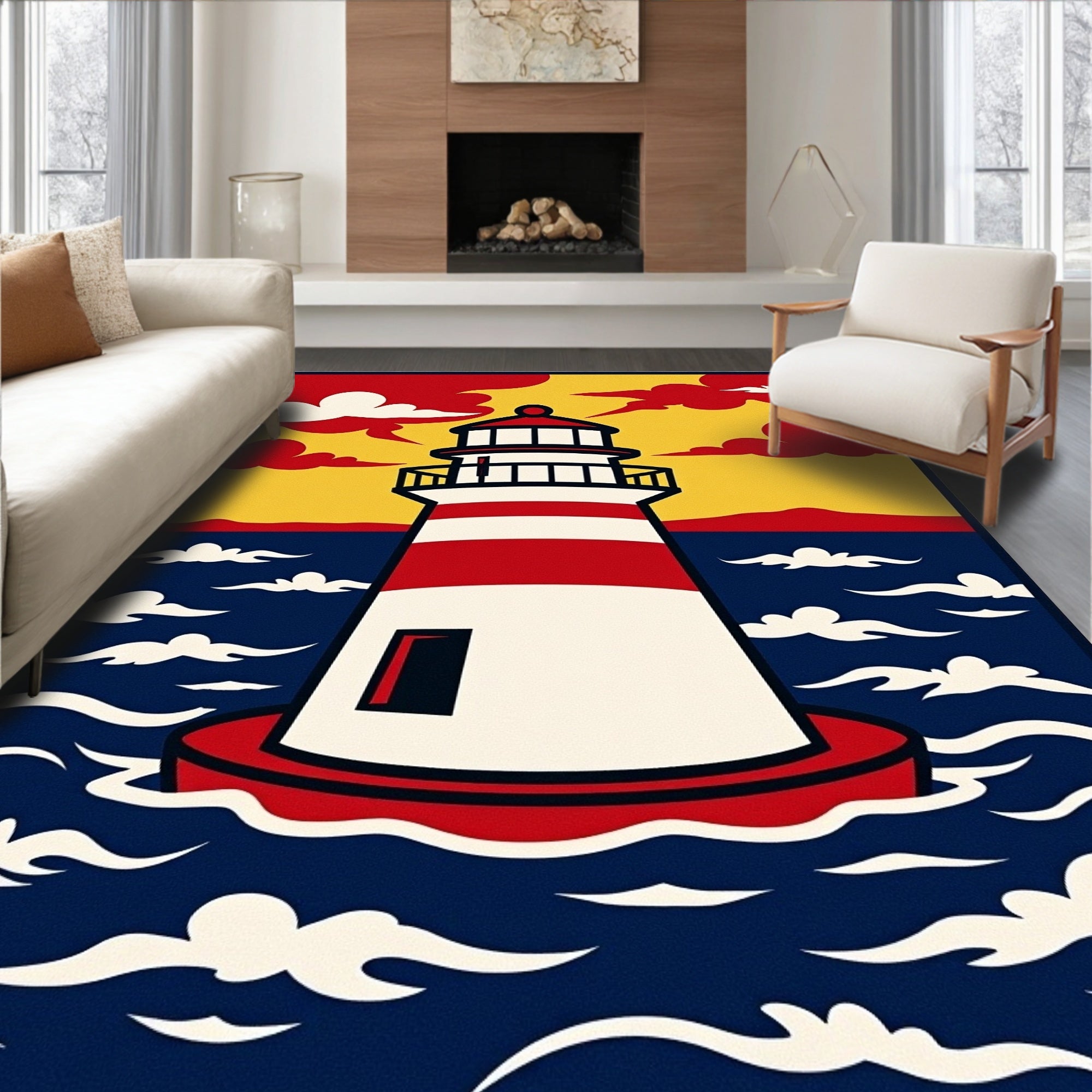 Striped Red White Lighthouse Ocean Sky Rug