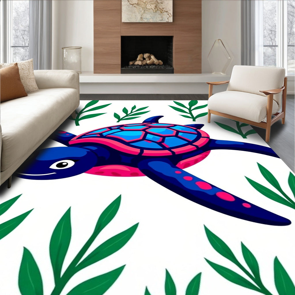 Vivid Blue Sea Turtle Greenery Rug