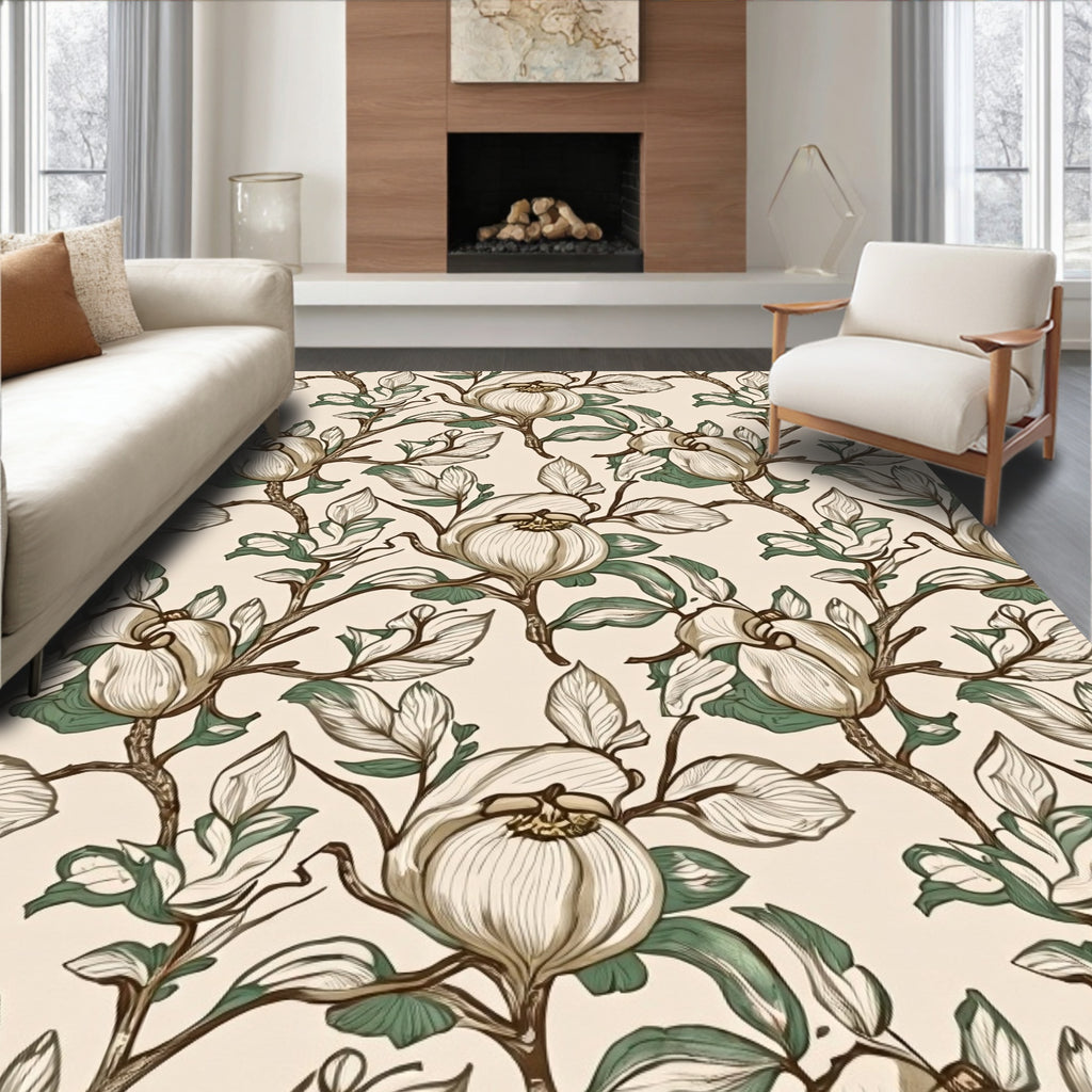 Botanical Cream and Green Floral Vines Rug