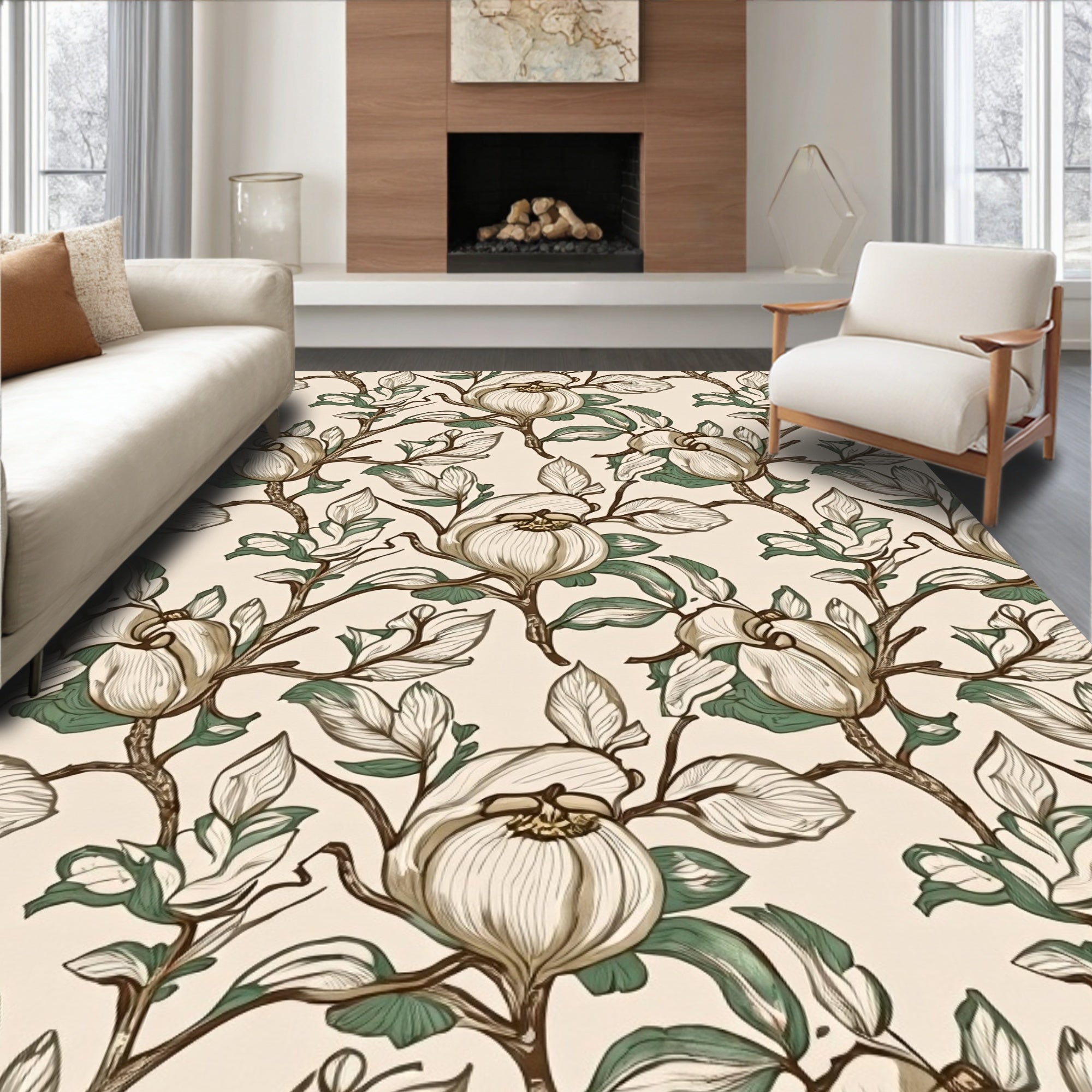 Botanical Cream and Green Floral Vines Rug