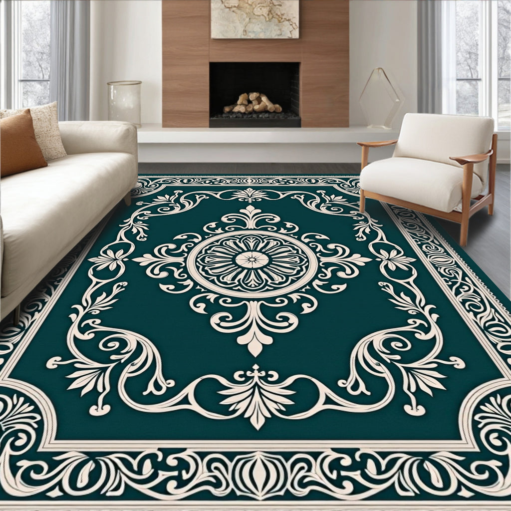 Ornate Teal Floral Medallion Border Rug