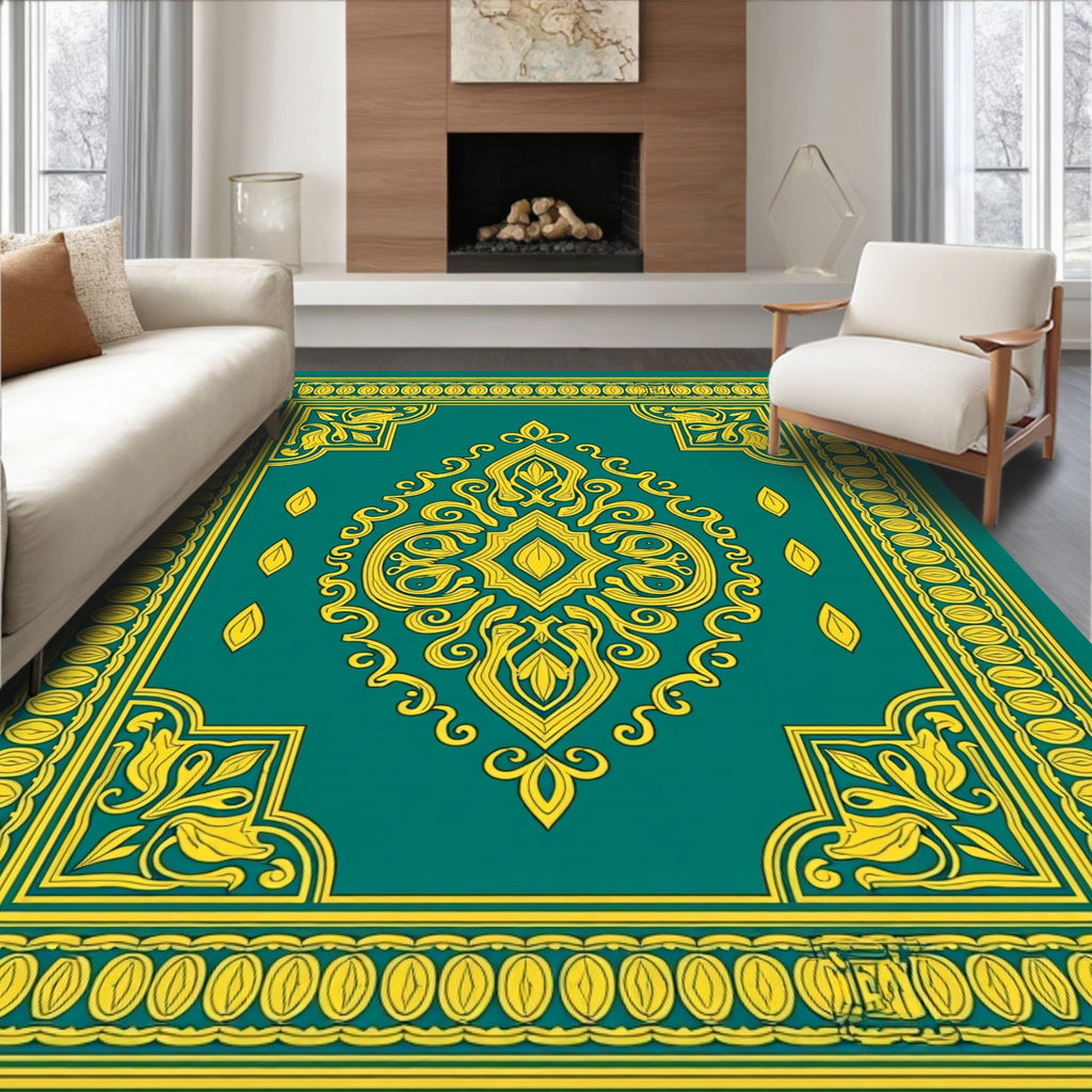 Emerald Teal Golden Floral Medallion Rug