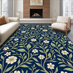 Navy Blue White Floral Vine Rug