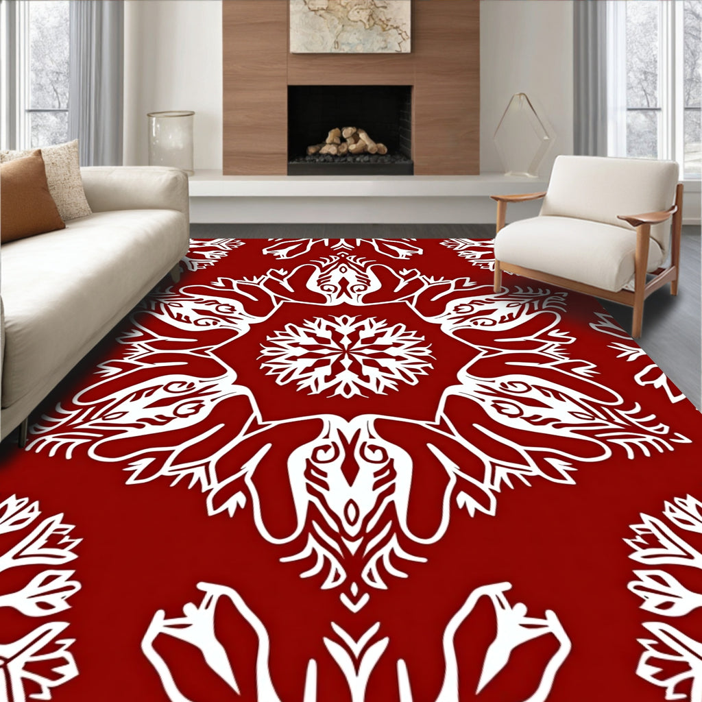 Crimson White Stylized Snowflake Mandala Rug