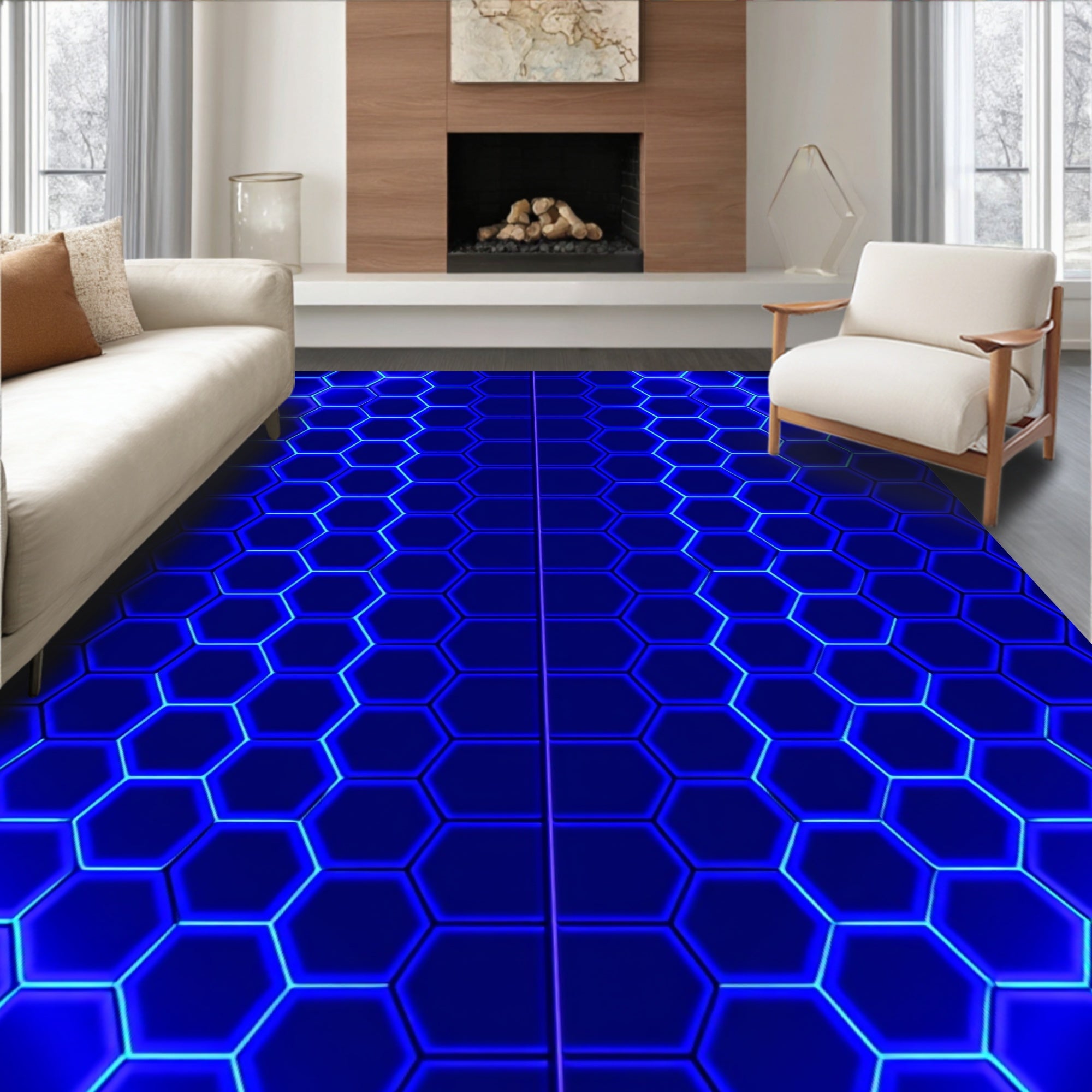 Electric Blue Hexagonal Grid Rug