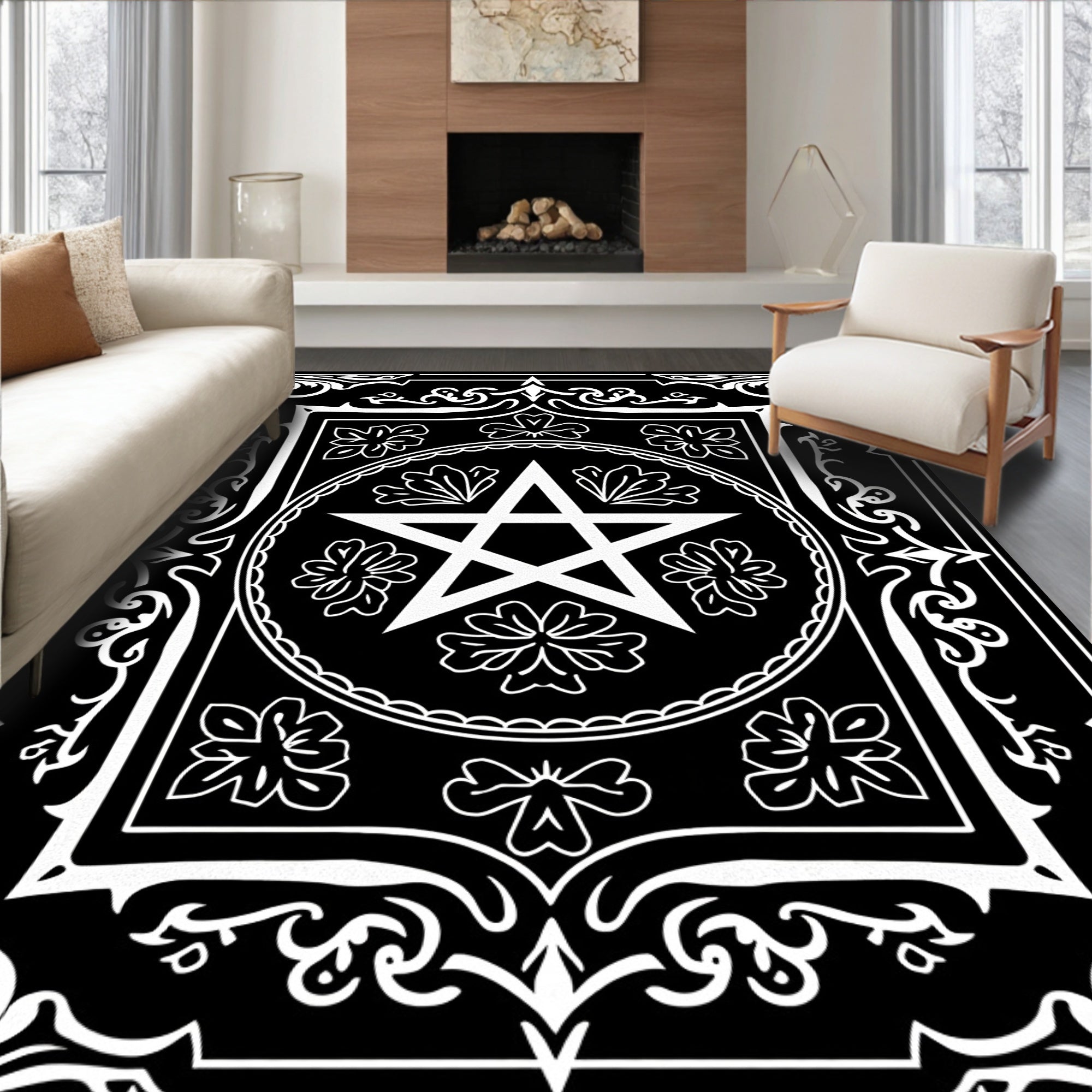 Black White Star Pentacle Floral Border Rug