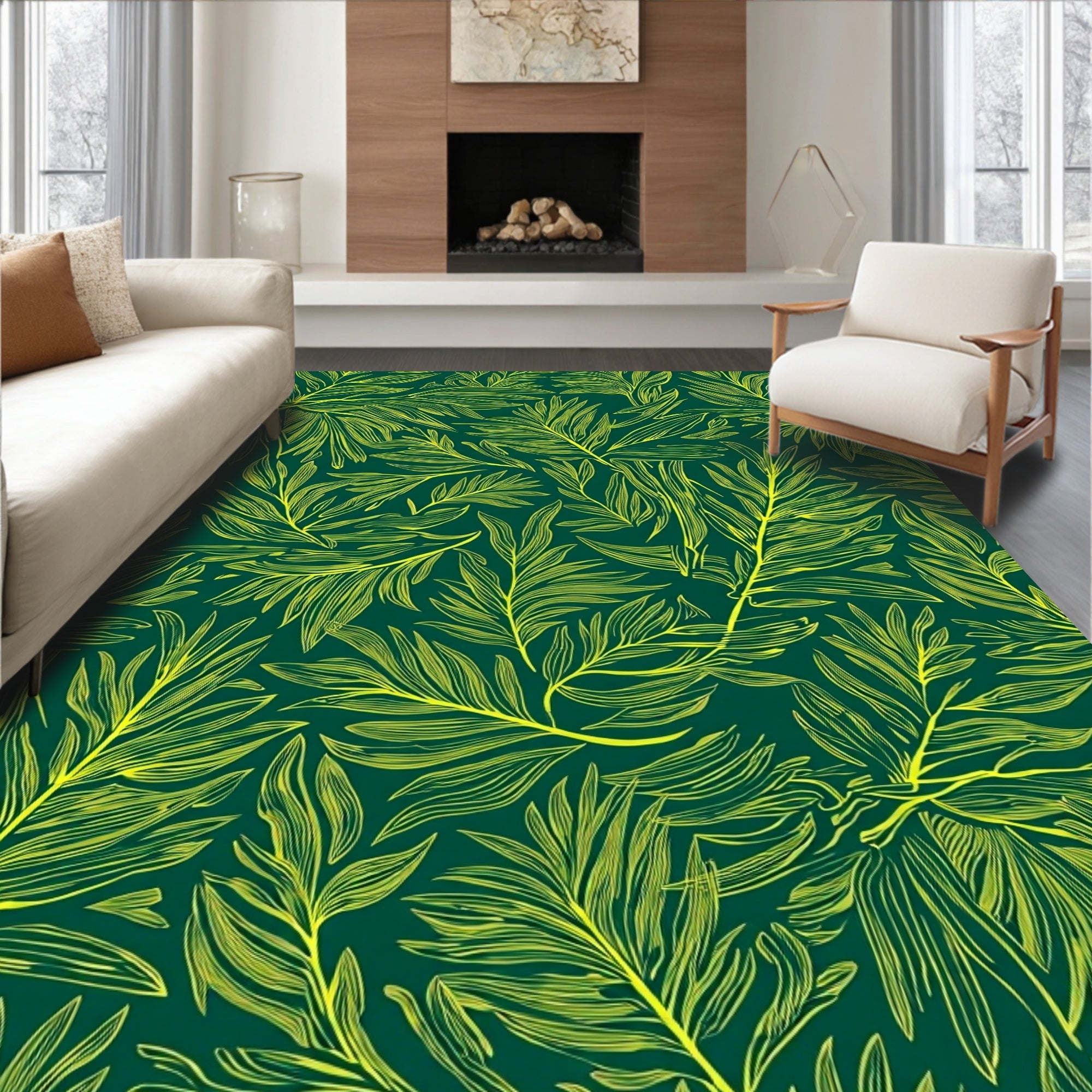 Emerald Green Fern Line Art Rug