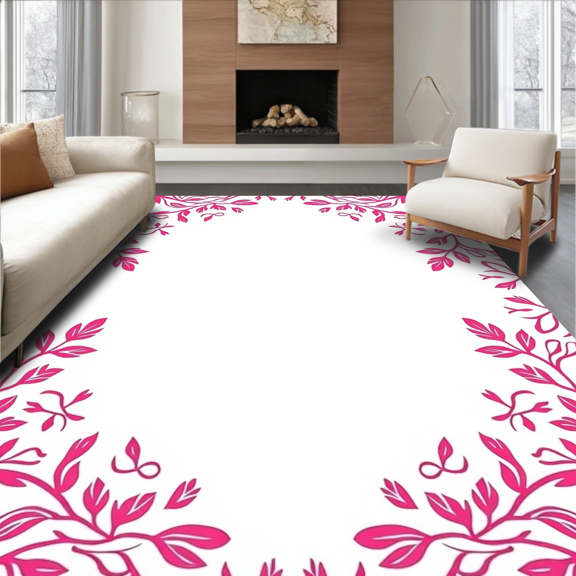 Vibrant Pink Floral Vine Border Rug