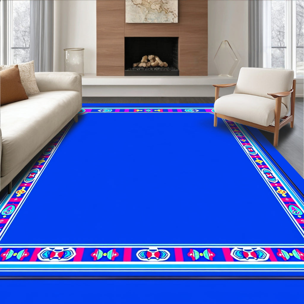 Vibrant Blue Bordered Folk Art Rug