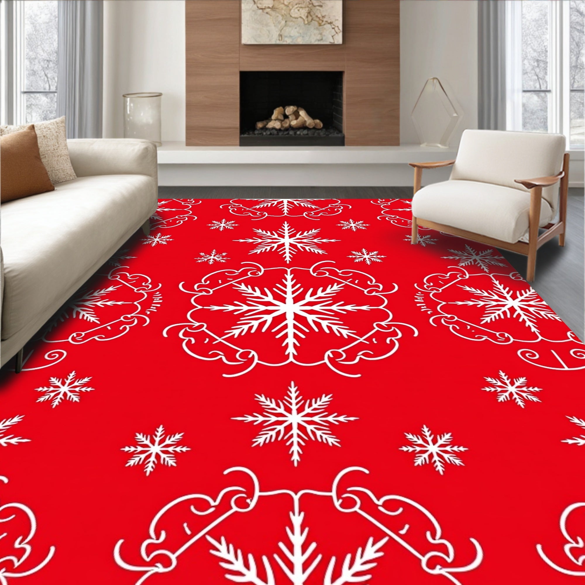 White Snowflake Medallion Red Holiday Rug