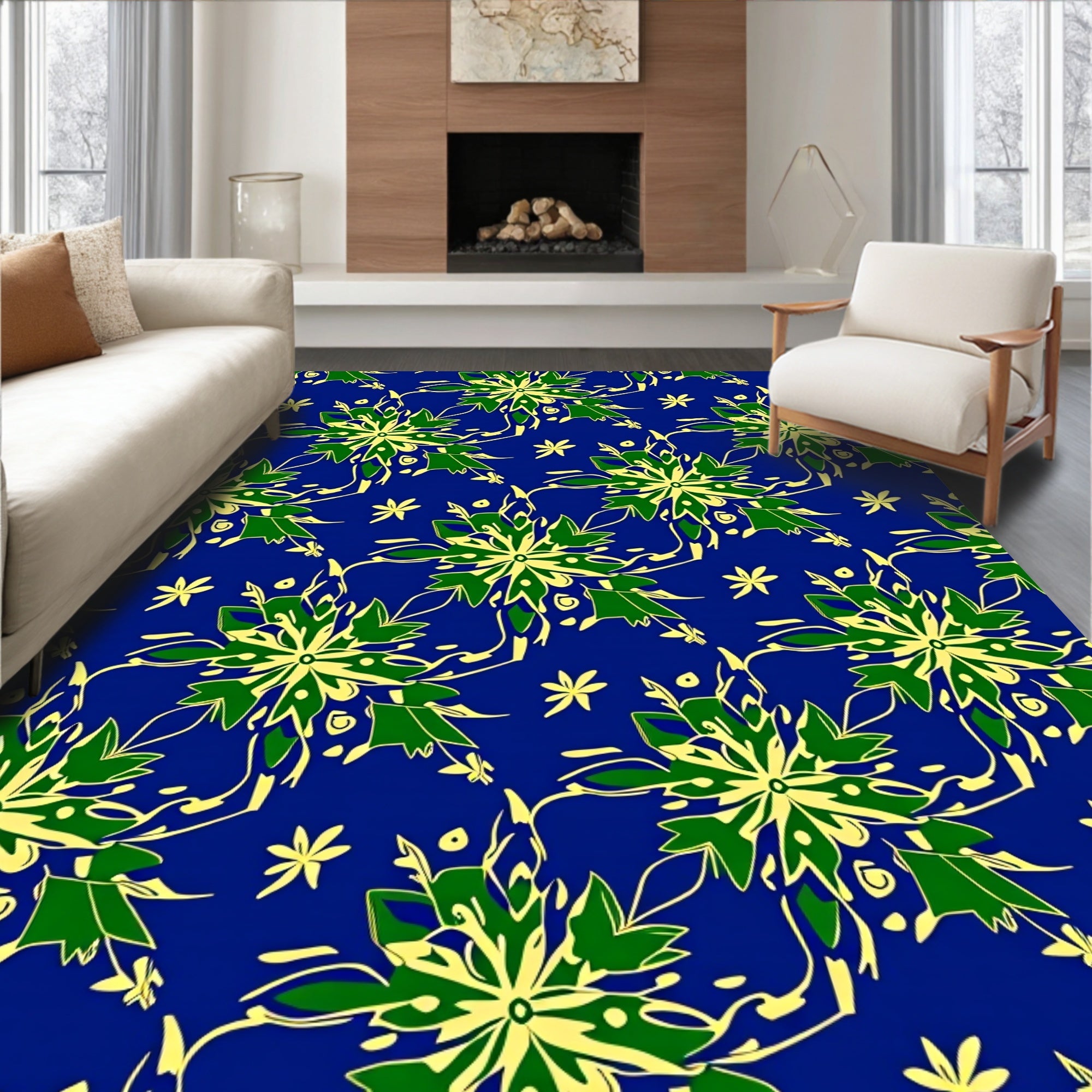 Green Yellow Floral Starburst Swirl Rug