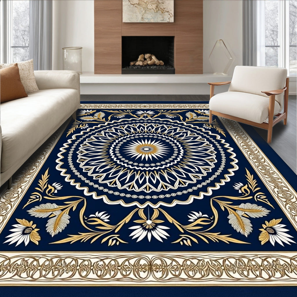 Golden Floral Medallion Navy Rug