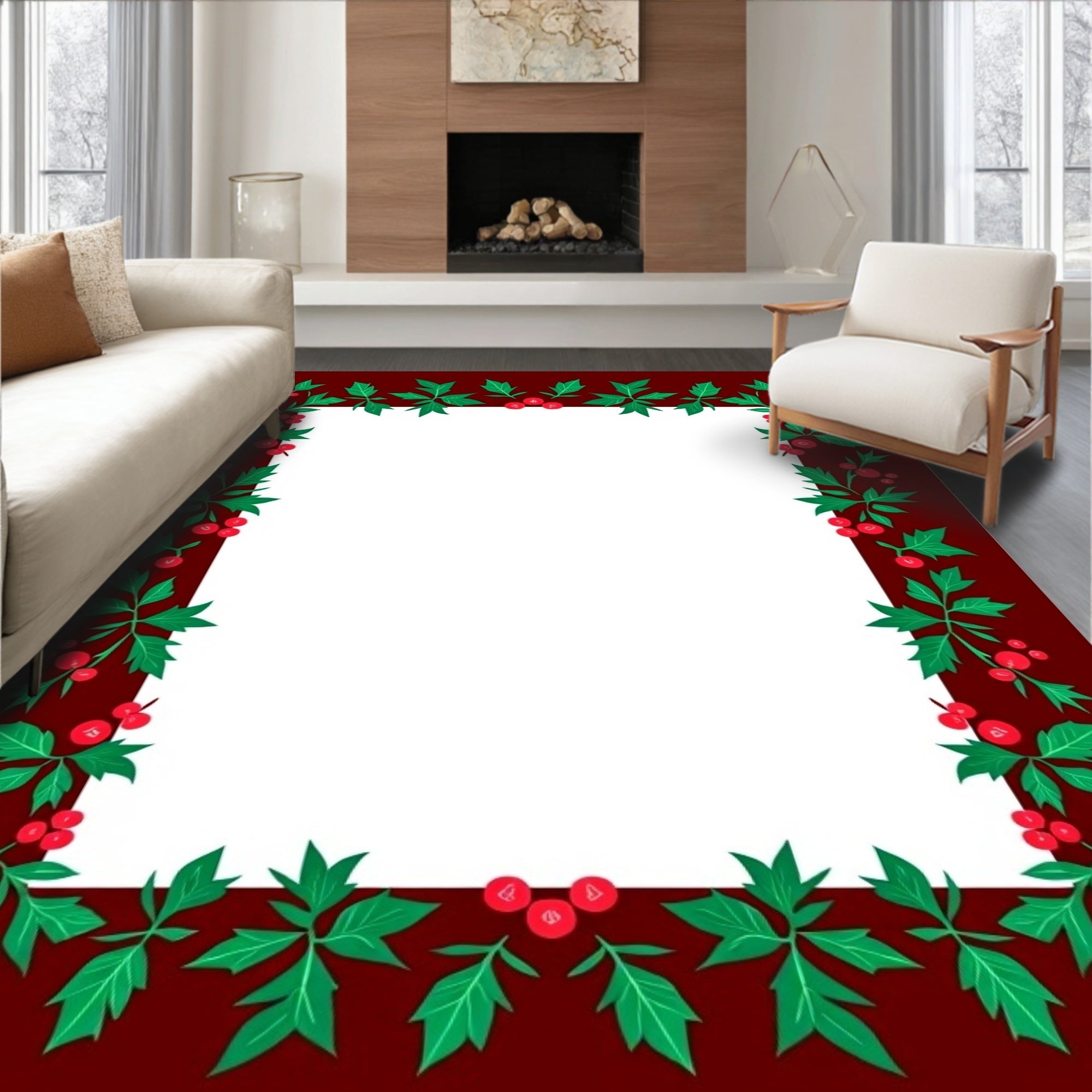 Deep Red Holly Berry Border Rug