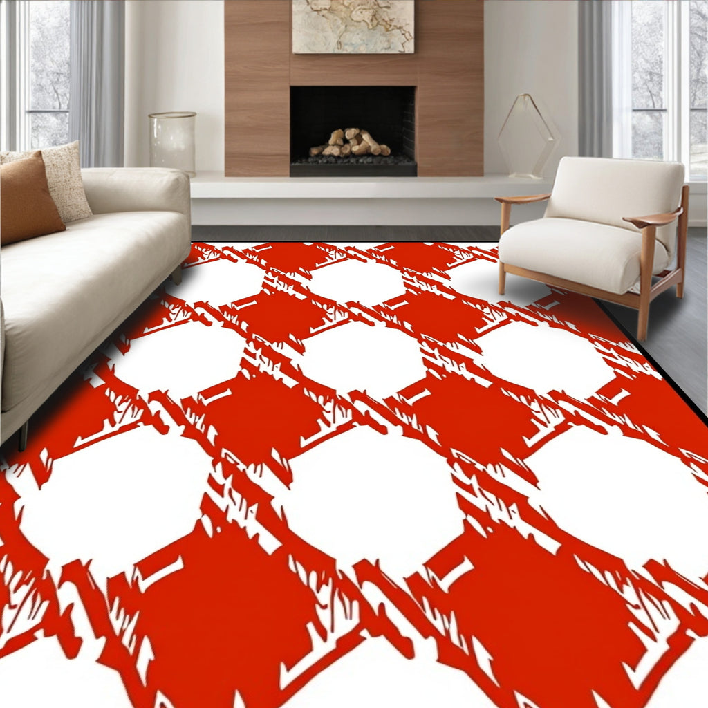 Fiery Red White Hexagon Overlay Rug