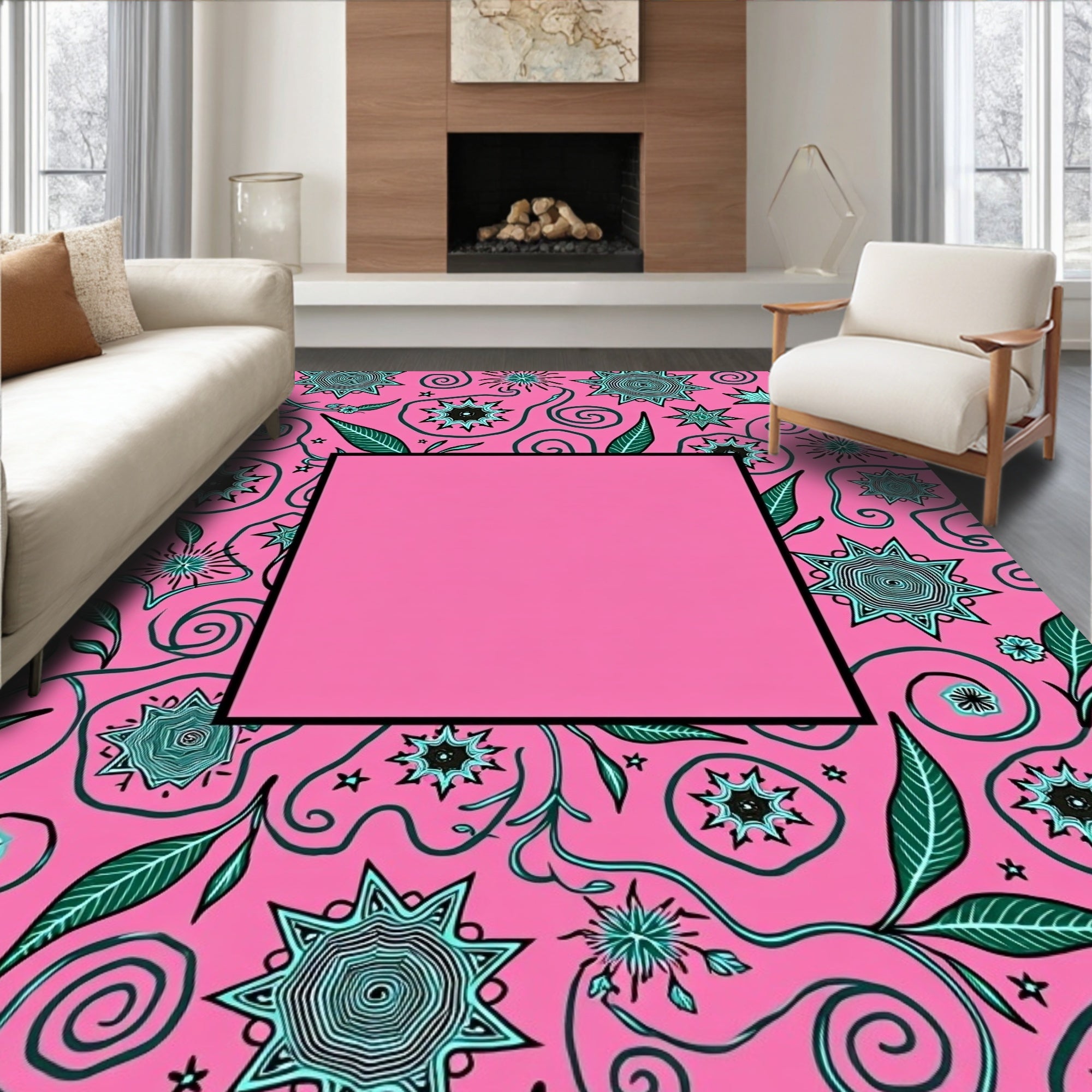 Pink Teal Floral Swirl Starburst Rug