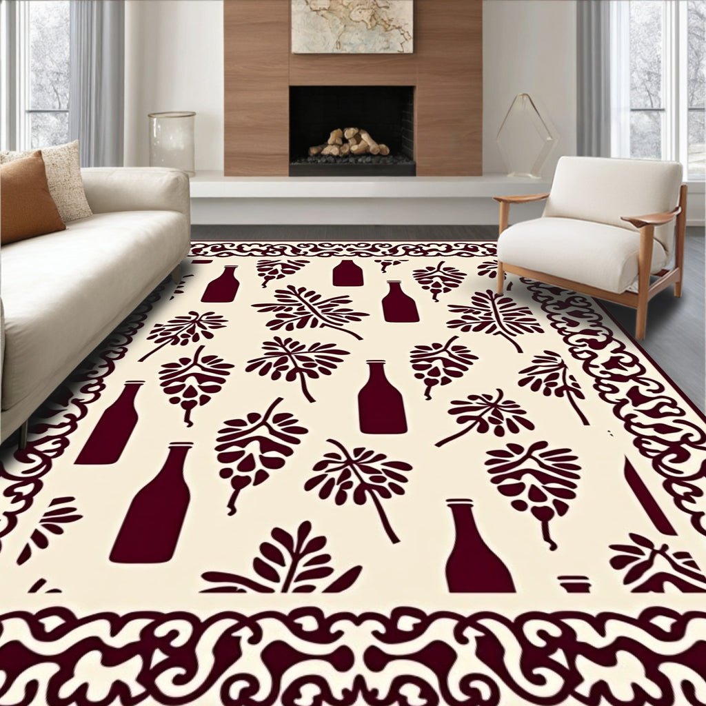 Deep Red Wine Bottle Leaf Border Rug