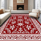 Crimson Snowflake Geometric Border Rug