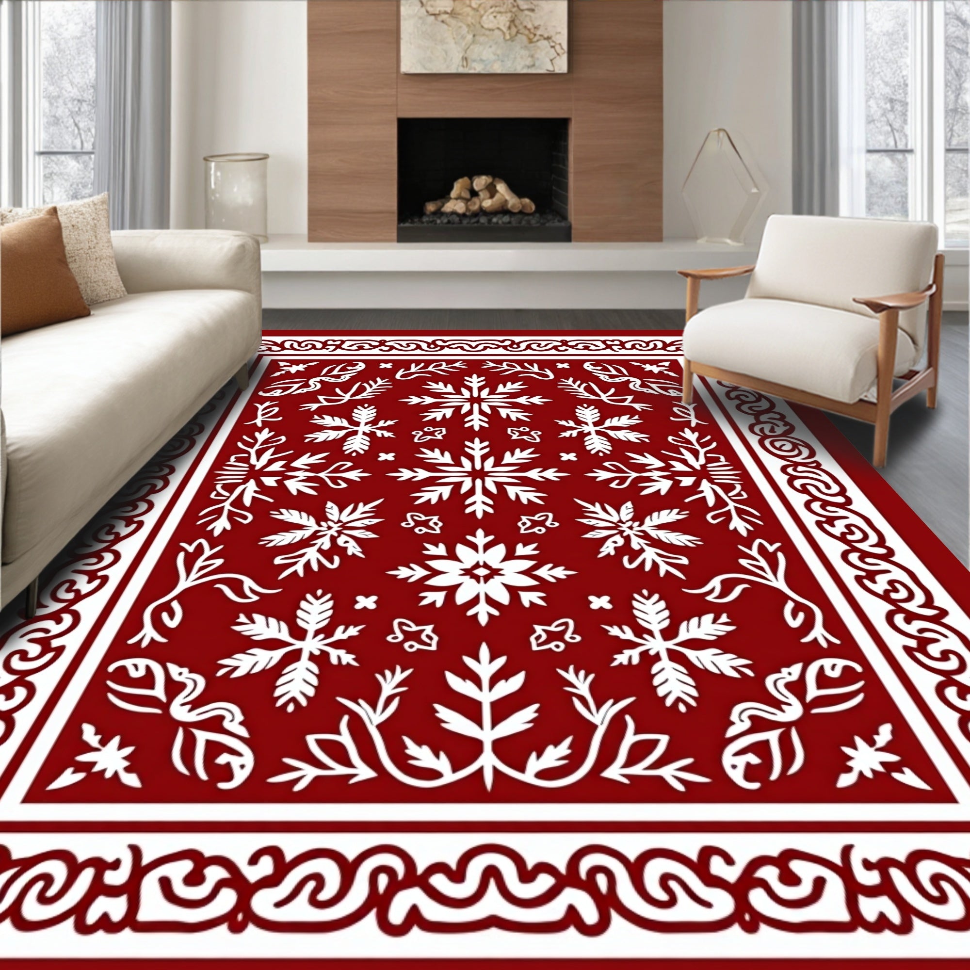 Crimson Snowflake Geometric Border Rug